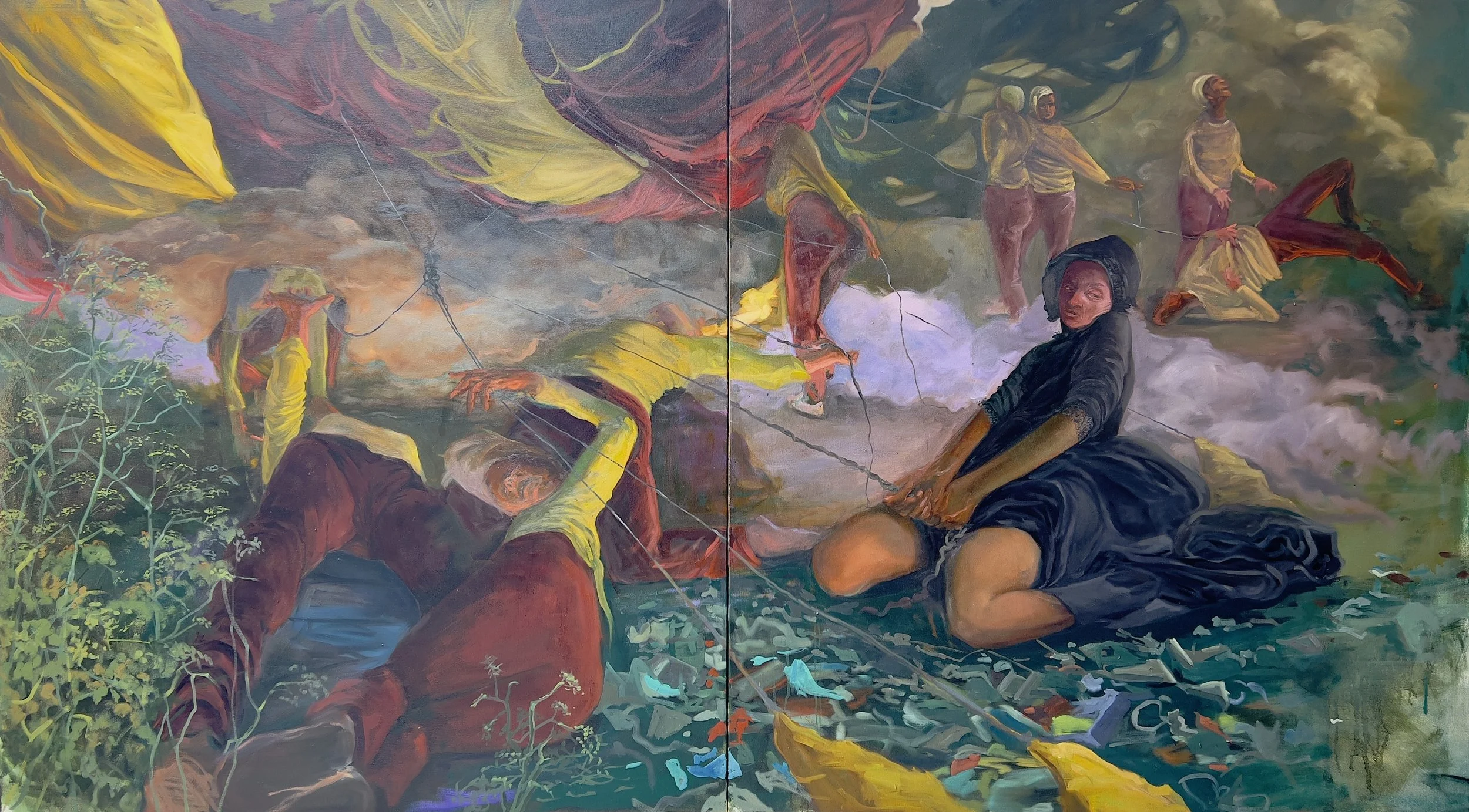 Deirdre White, A Kiss For Luck and We’re On Our Way, 2026, oil on canvas, 54 x 96 in