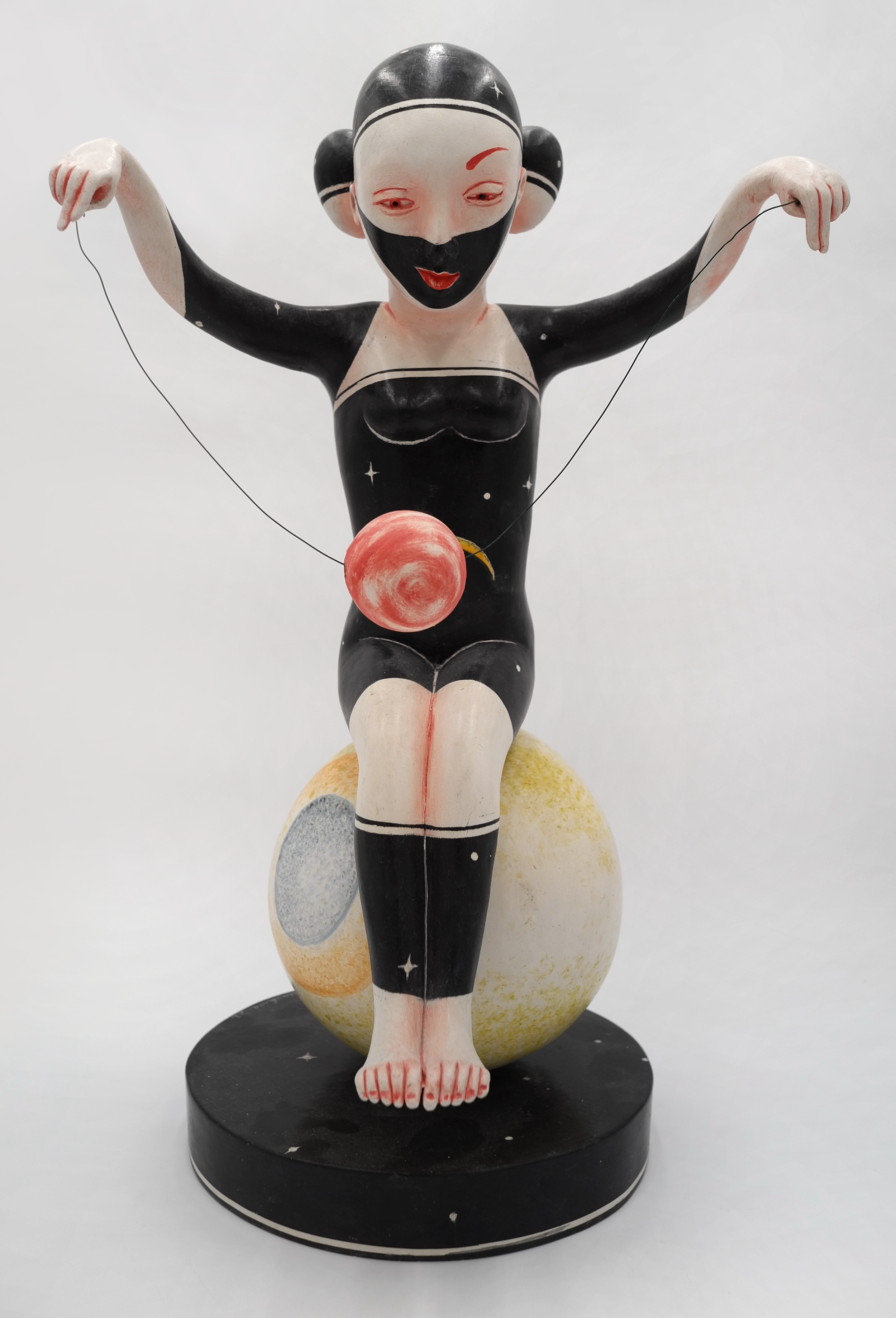 Patti Warashina, Celestial Balance, 2023, earthenware, underglaze, glaze, 20 x 12 x 12 in
