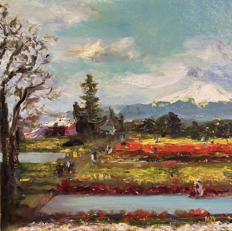 Magdalena Rozs-Johansson, Tulip Farm with Volcano, 2026, Oil on canvas, 16 x 16 in
