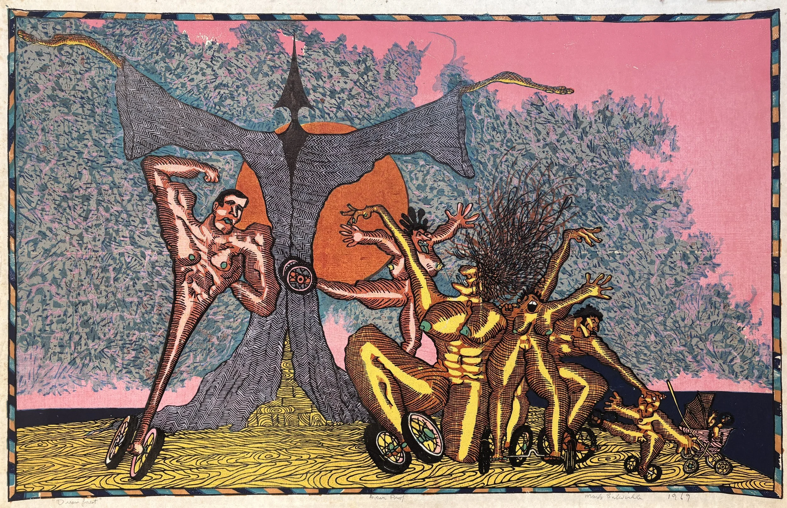 Mark Bulwinkle, Dream Forest, 1969, Colored woodcut with hand-colored details on rice paper, 25 x 37 in