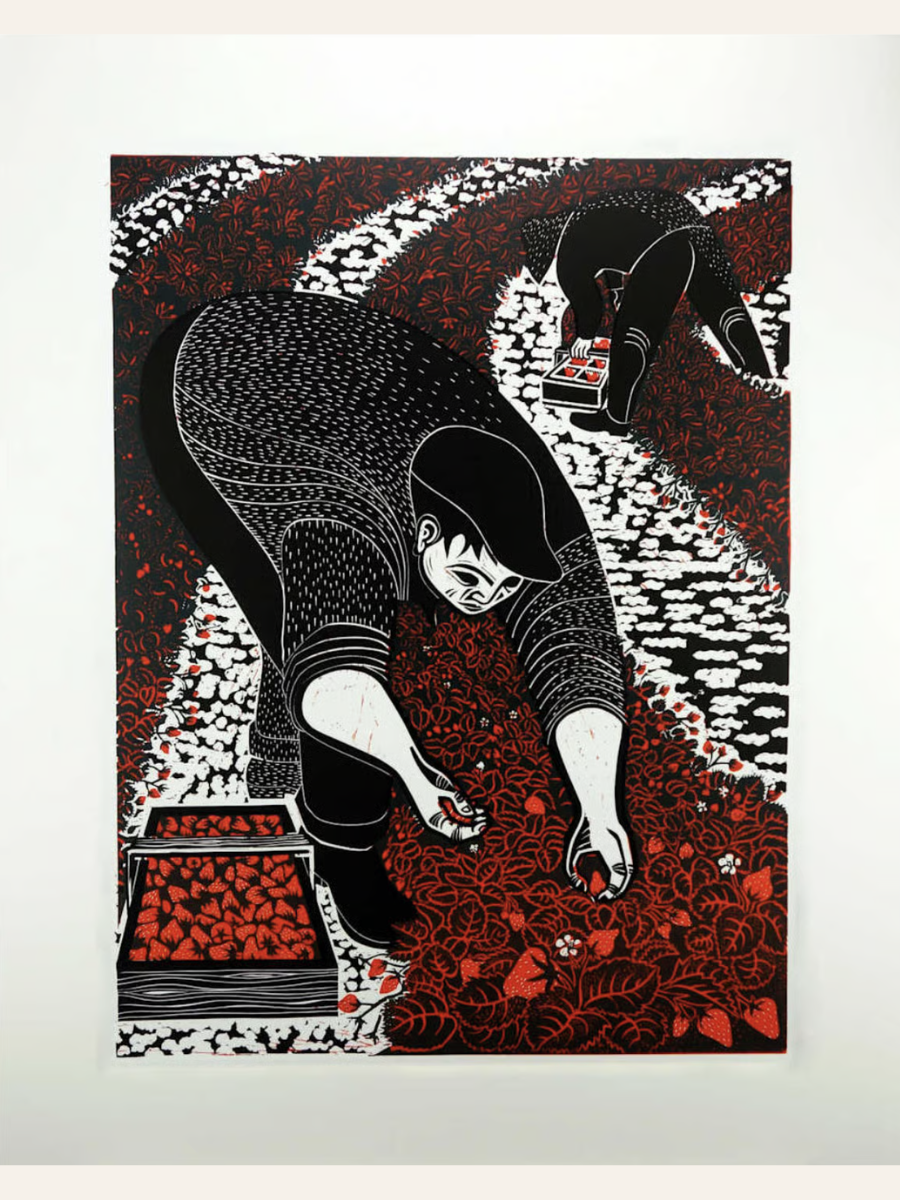 Emmy Lou Packard, Strawberry Pickers, 1960, Linoleum, 22.50 x 17 inches