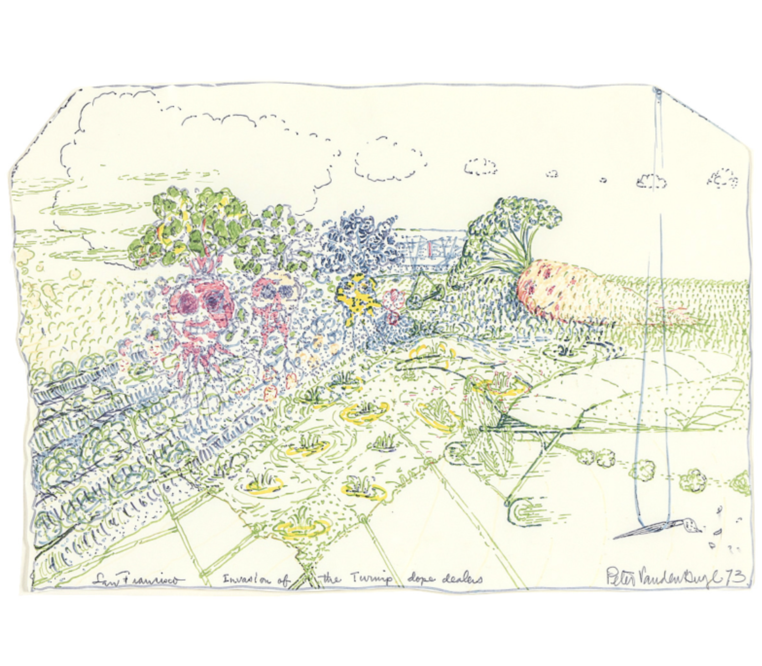 Peter VandenBerge, San Francisco, Invasion of the Turnip Dope Dealers, 1973, pen and ink on paper, 9 x 13 in