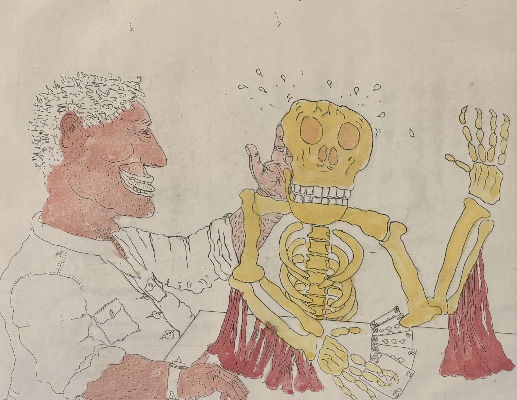 David Gilhooly, Selbstbildnis Mit Tod (Self-Portrait with Death), 1983, Etching with hand coloring, 11.75 x 15 in, Framed 24 x 30 in
