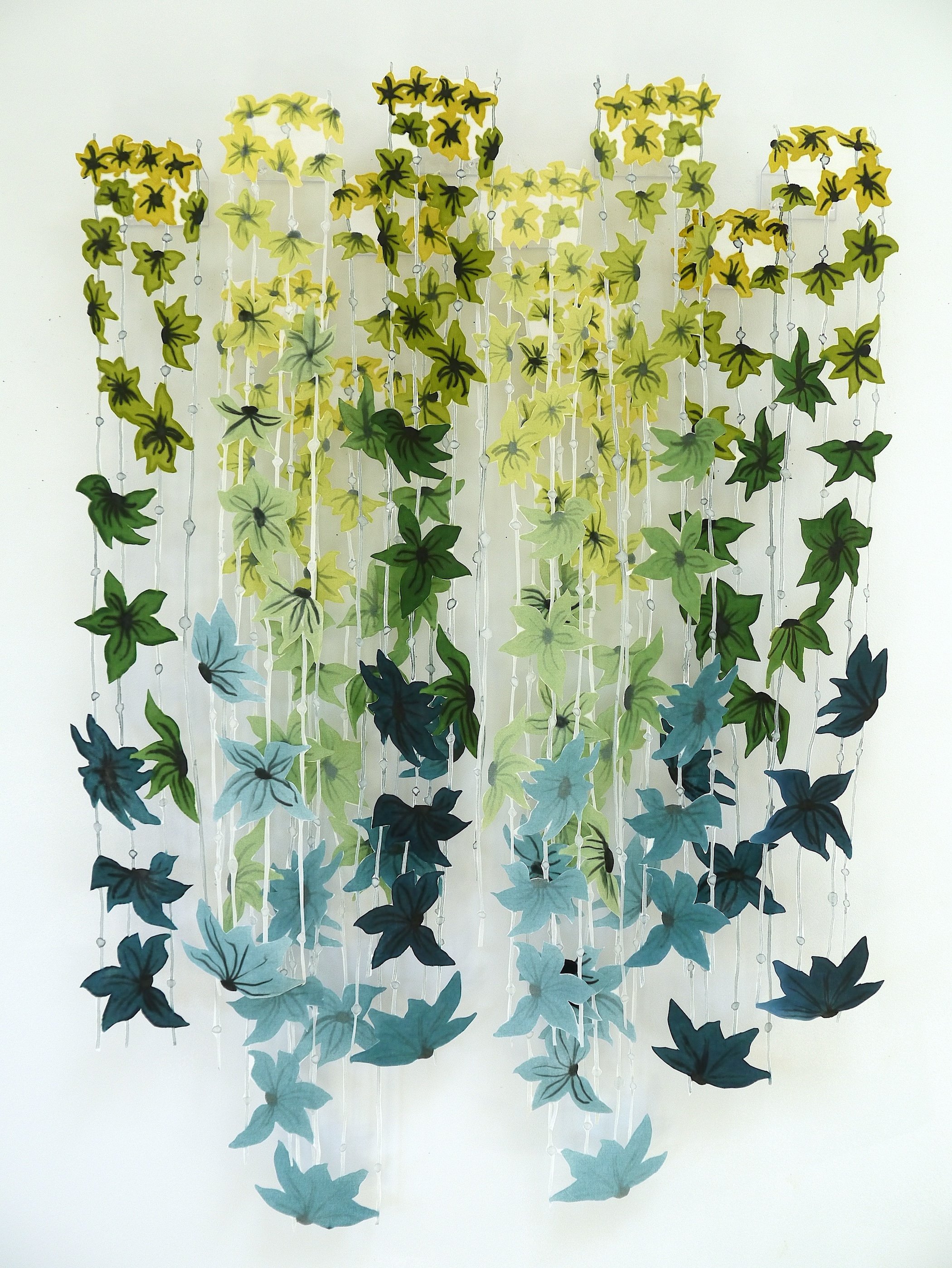 Fading Flowers & Lines lV, polychromatic screen printed silk, stiffened and cut, 12 panels, 43 x 30 in