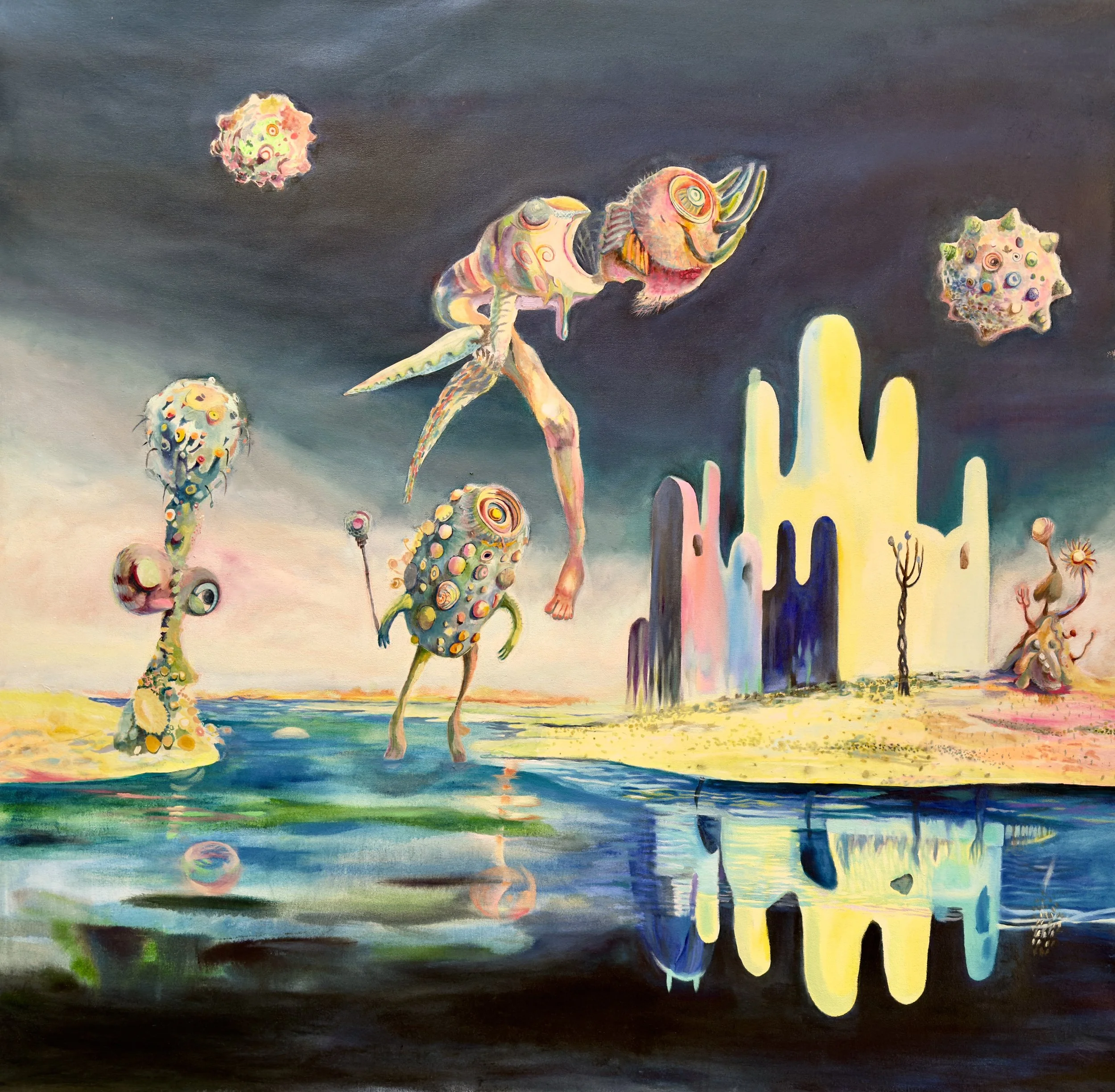 Seongmin Yoo, Celestial Tides, 2025, Oil, ink, and rice paper on canvas, 48 x 48 in