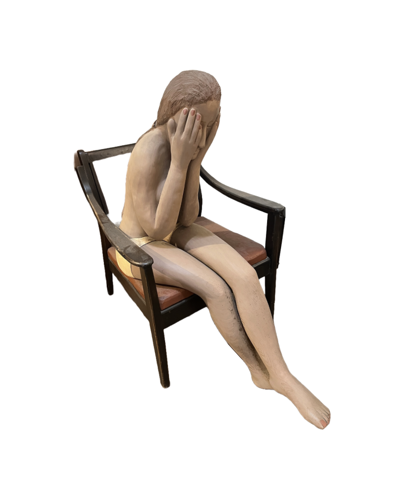 Barbara Spring, Sitting Woman, c. 1976, carved and painted wood, 43 x 56 x 44 in