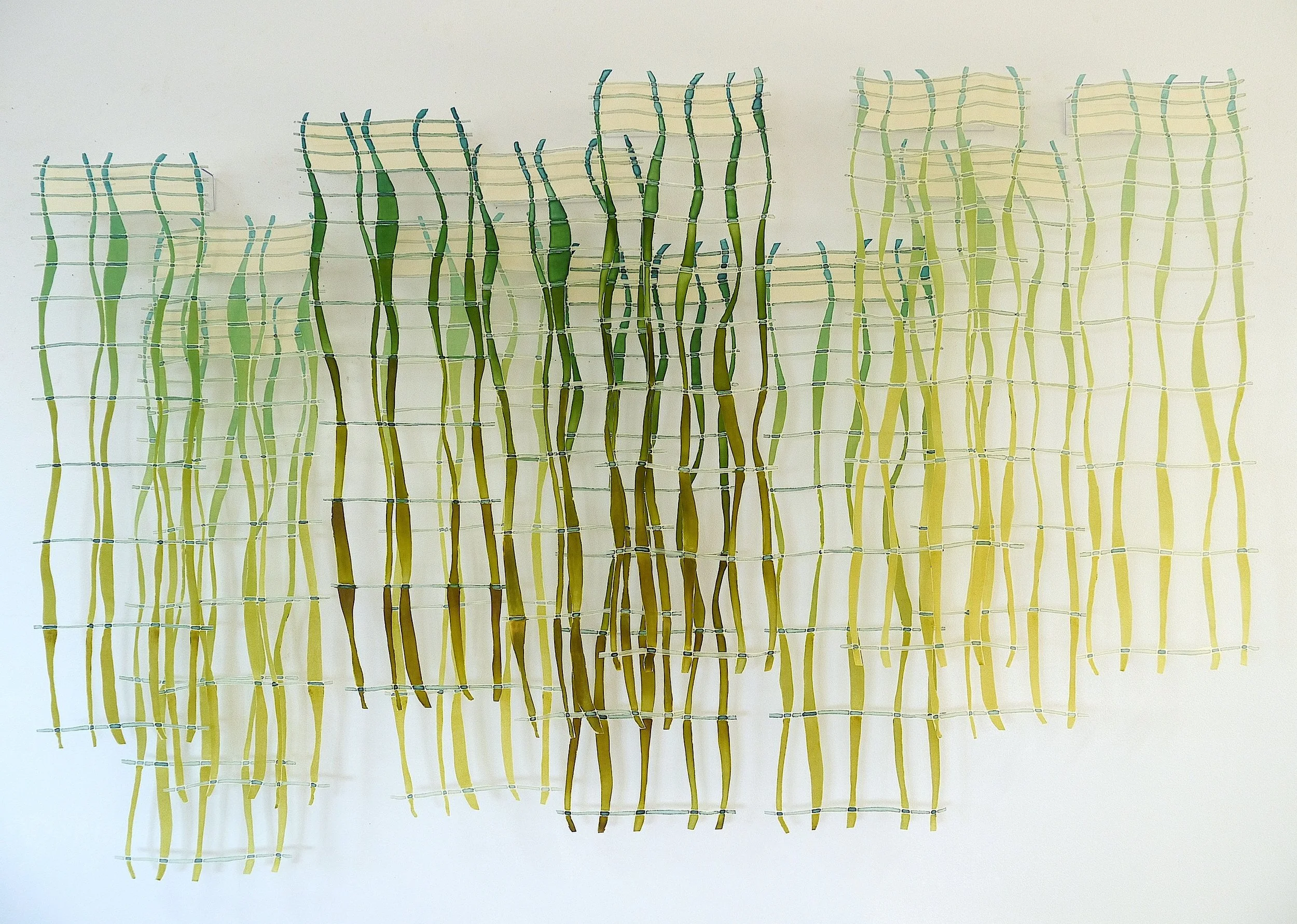 Waves & Horizontals l, polychromatic screen printed silk, stiffened and cut, 12 panels, 39 x 60 in