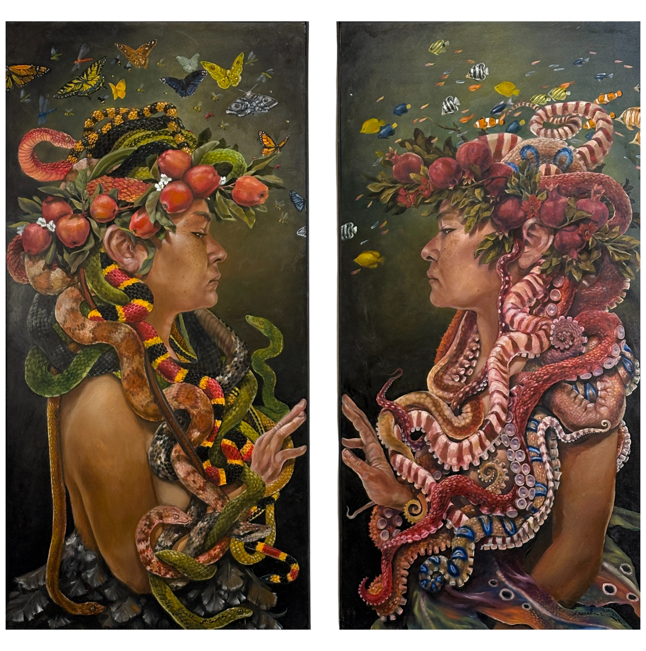 Laurelin Gilmore, Eve's Medusa / Persephones Ursula, 2025, oil on wood, 48 x 24 in