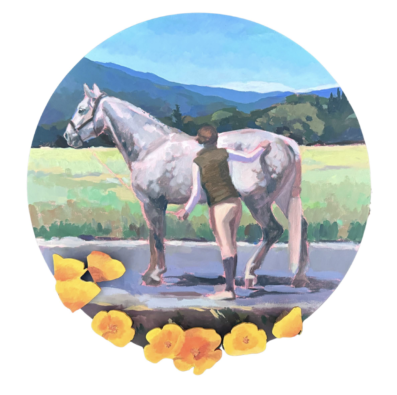 Sarah Lam, California Bay, 2025, oil and acrylic on panel, 18 in diameter