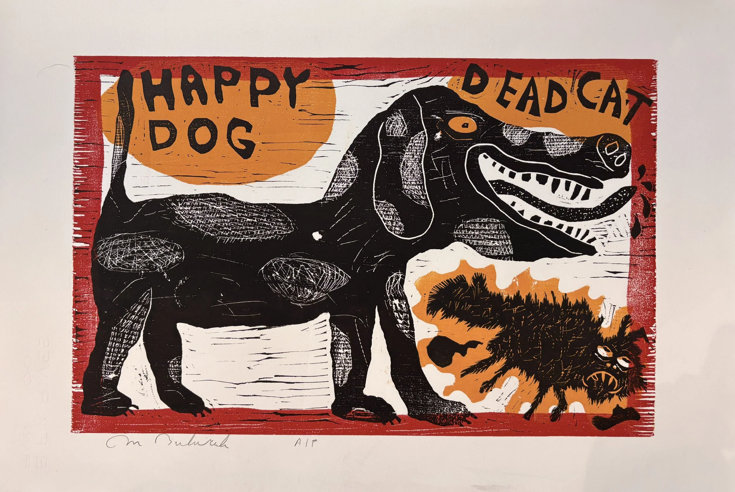 Mark Bulwinkle, Happy Dog Dead Cat, Woodblock, 15 x 22.25 in