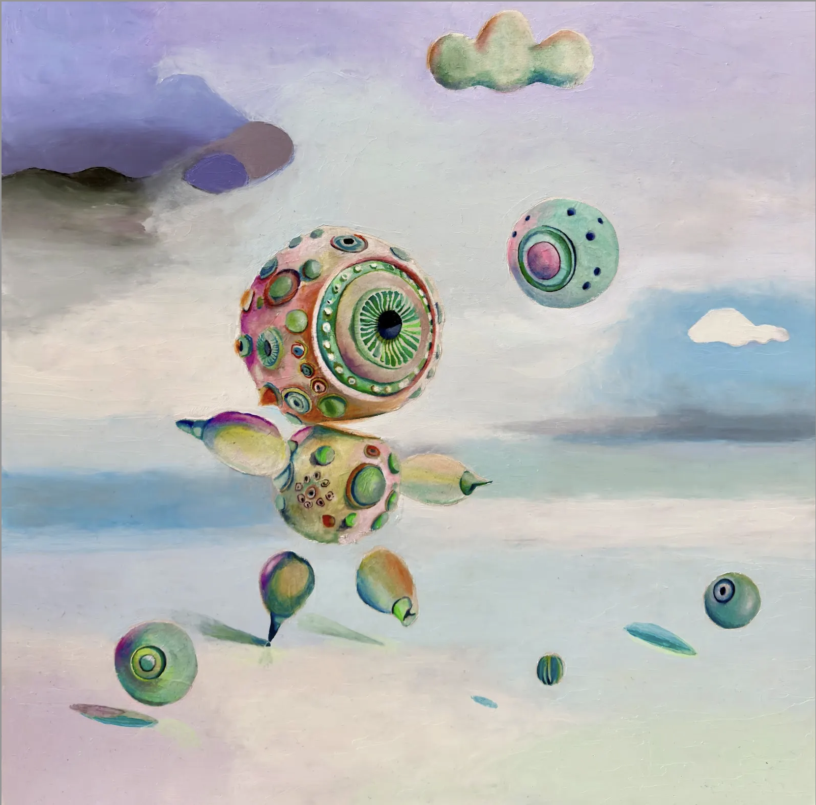 Seongmin Yoo, Running Late, 2025, oil, ink, ricepaper on panel, 18 x 18 in