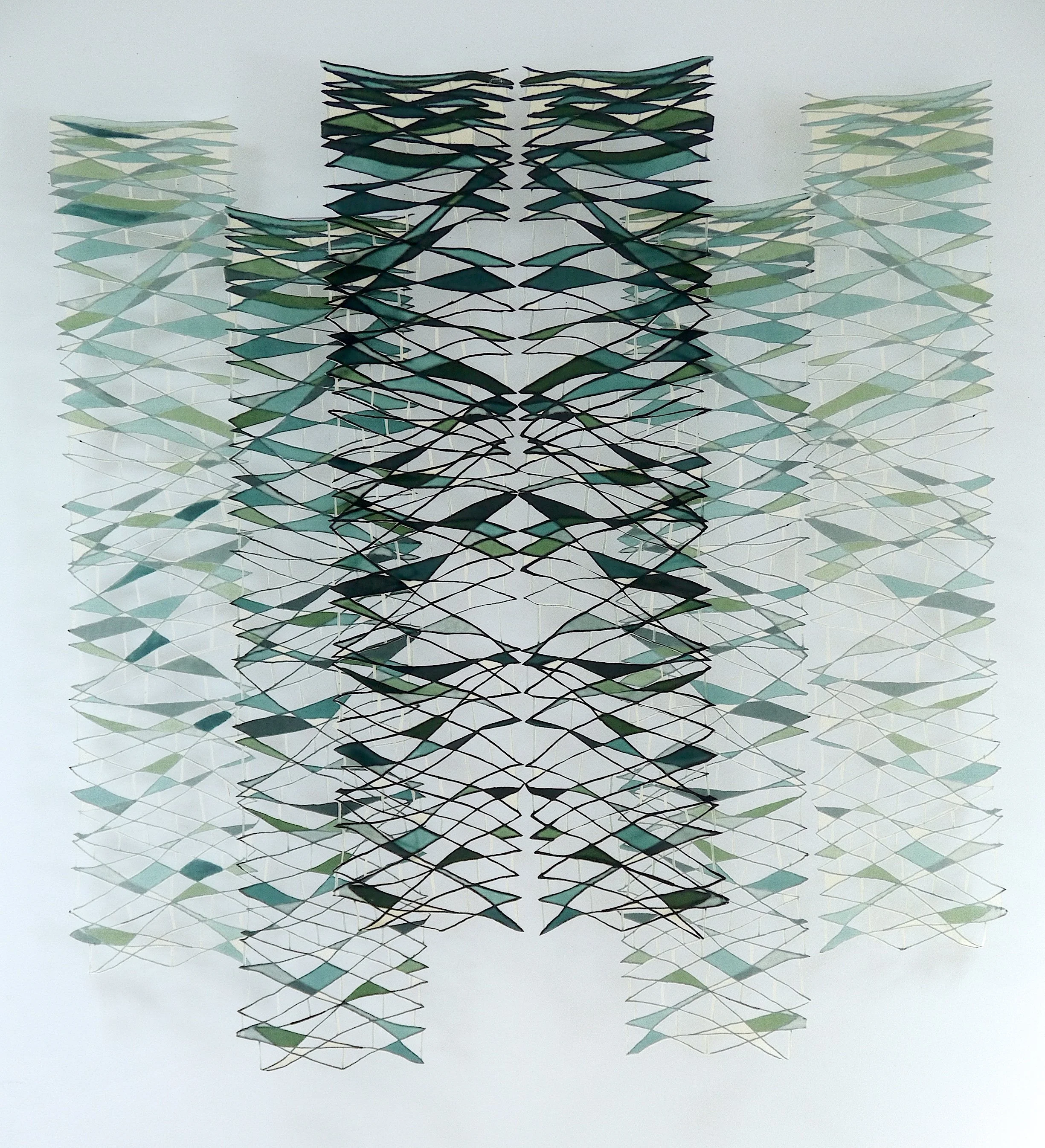 Abstract Zig Zag lll, polychromatic screen printed silk, stiffened and cut, 6 panels, 46 x 43 in