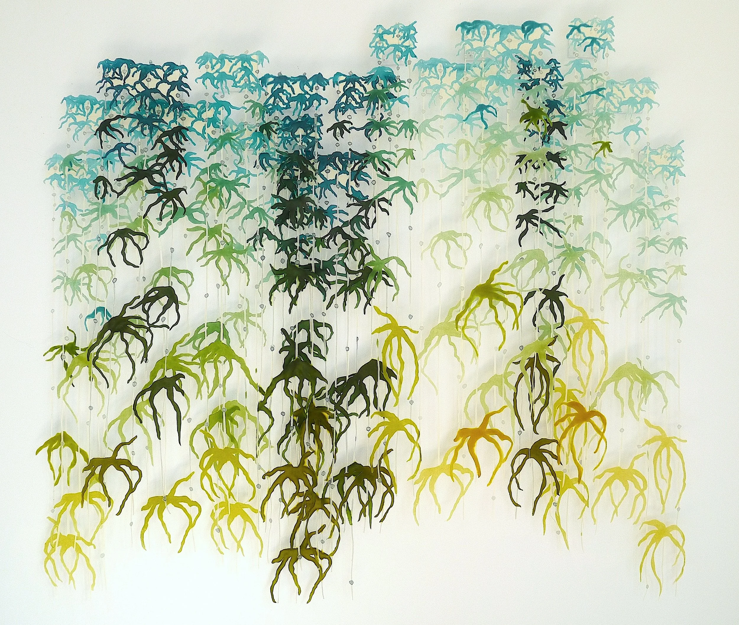 Fading Flowers & Lines lll, polychromatic screen printed silk, stiffened and cut, 18 panel, 48 x 53 in