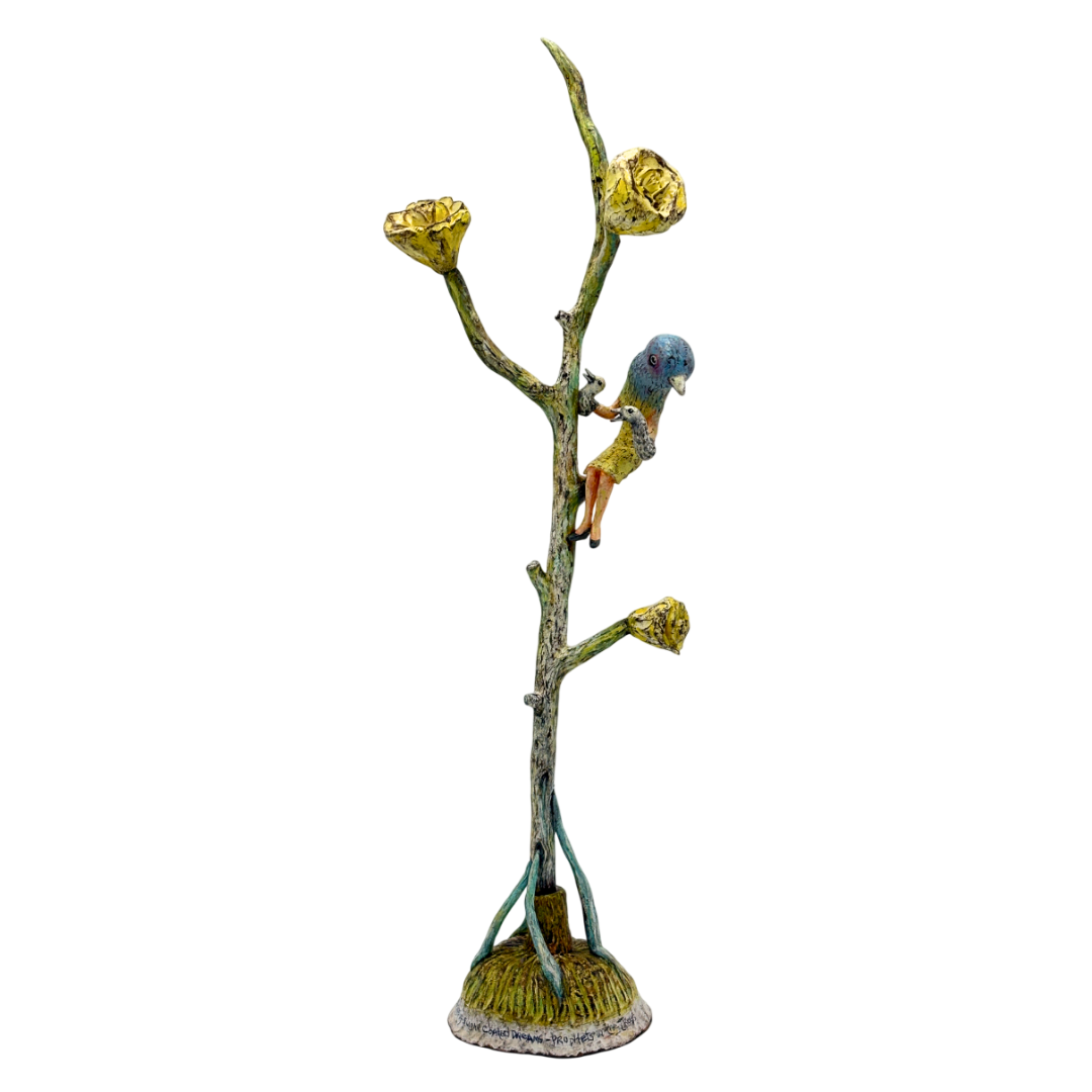 Prophets in the Trees - SOS (front), 2025, ceramic with mixed media, 15.5 x 5 x 4 inches