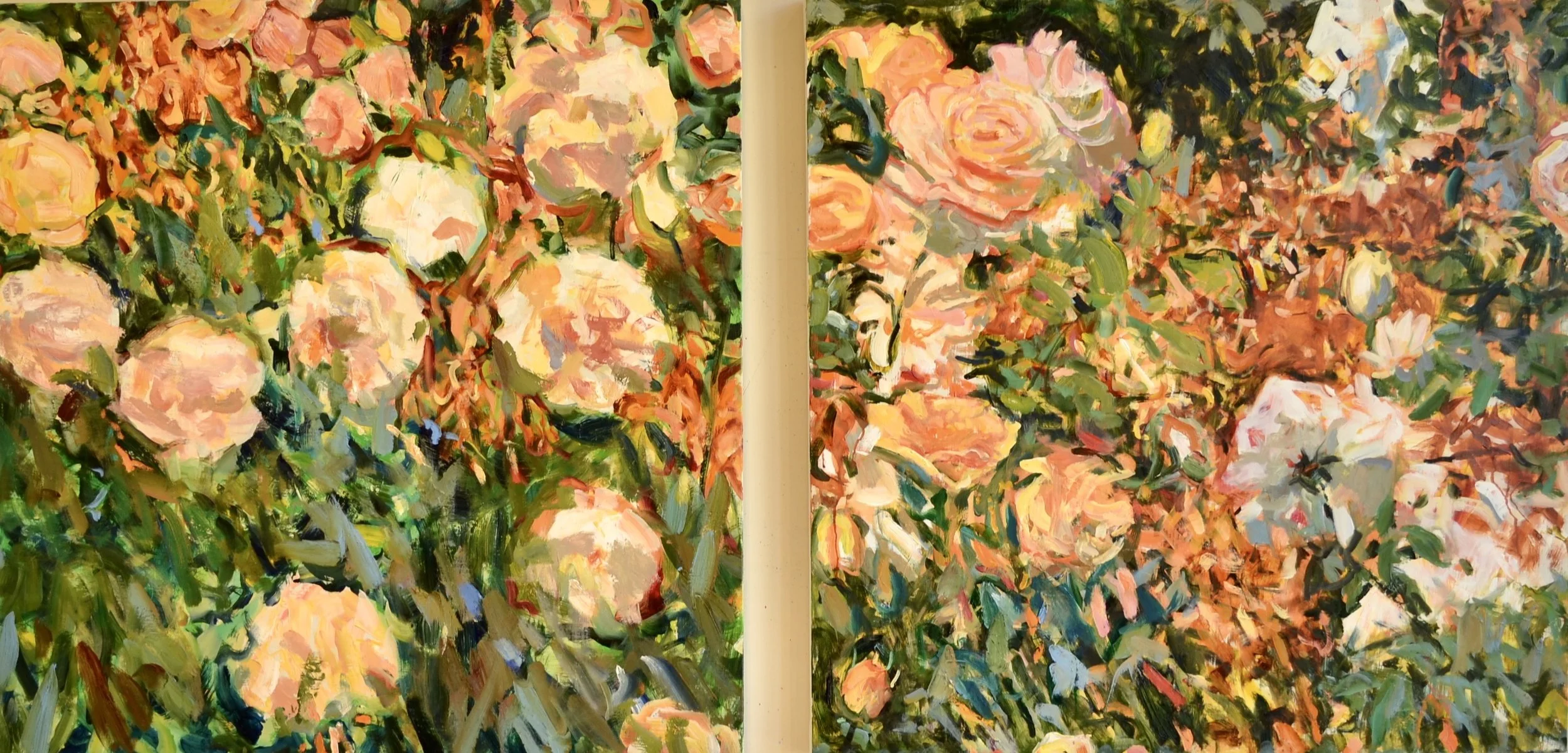 Pat Mahony, Path through the Roses, 2026, oil on canvas, 30 x 62 in