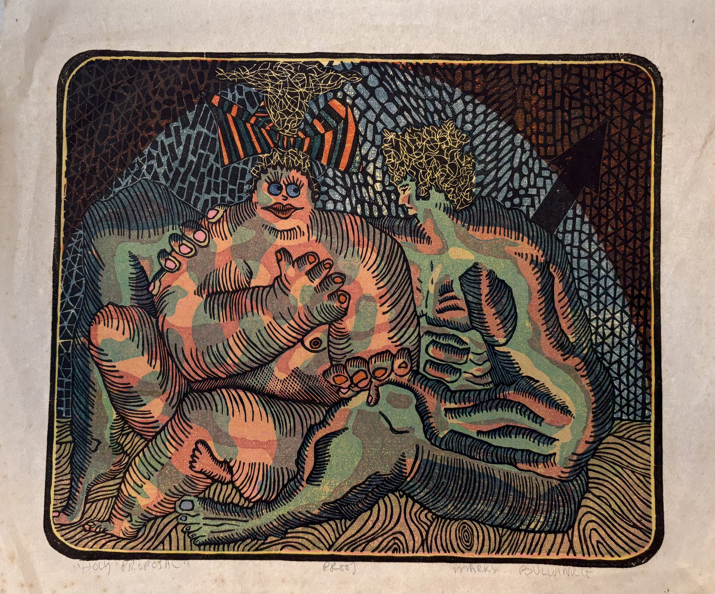 Mark Bulwinkle, Holy Proposal, 1968, Wood engraving print, 11 x 12 in