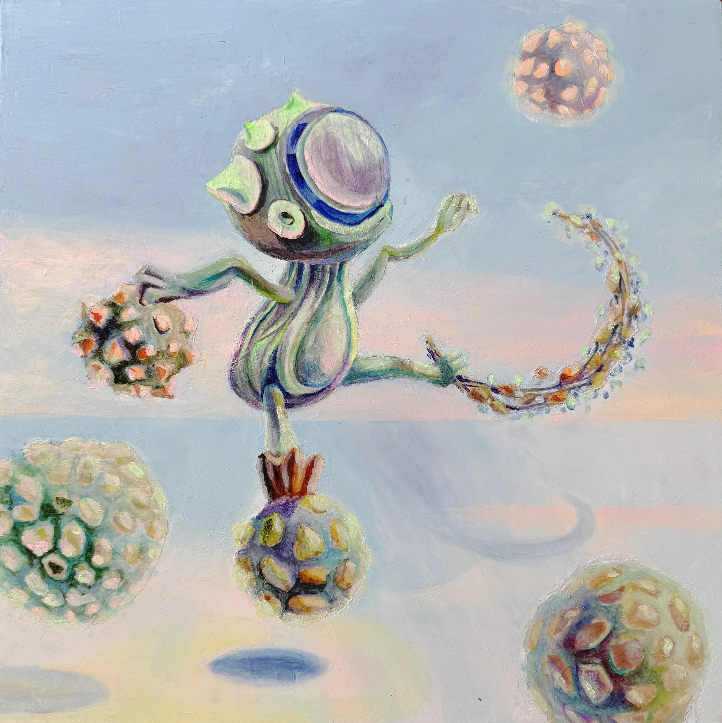 Seongmin Yoo, Skipping Planet and Moon, 2026, Oil, ink, and rice paper on panel, 14 x 14 in