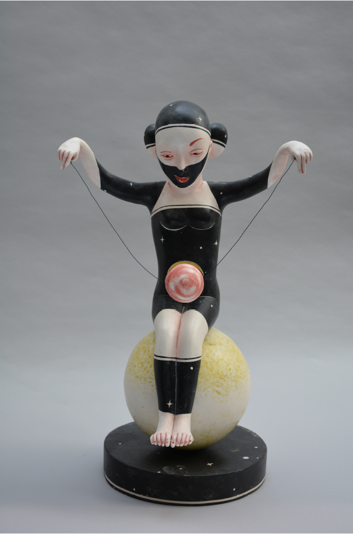 Patti Warashina, Celestial Balance, 2023, earthenware, underglaze, glaze, 20 x 12 x 12 in
