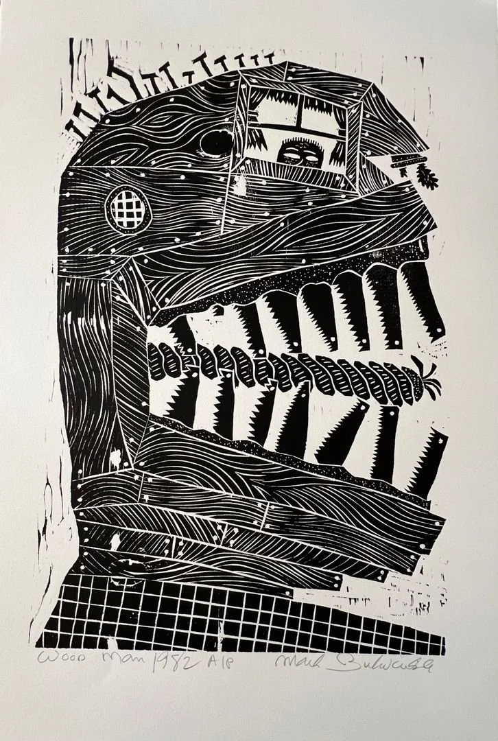 Mark Bulwinkle, Wood Man, 1982, woodcut, 18 x 12 in