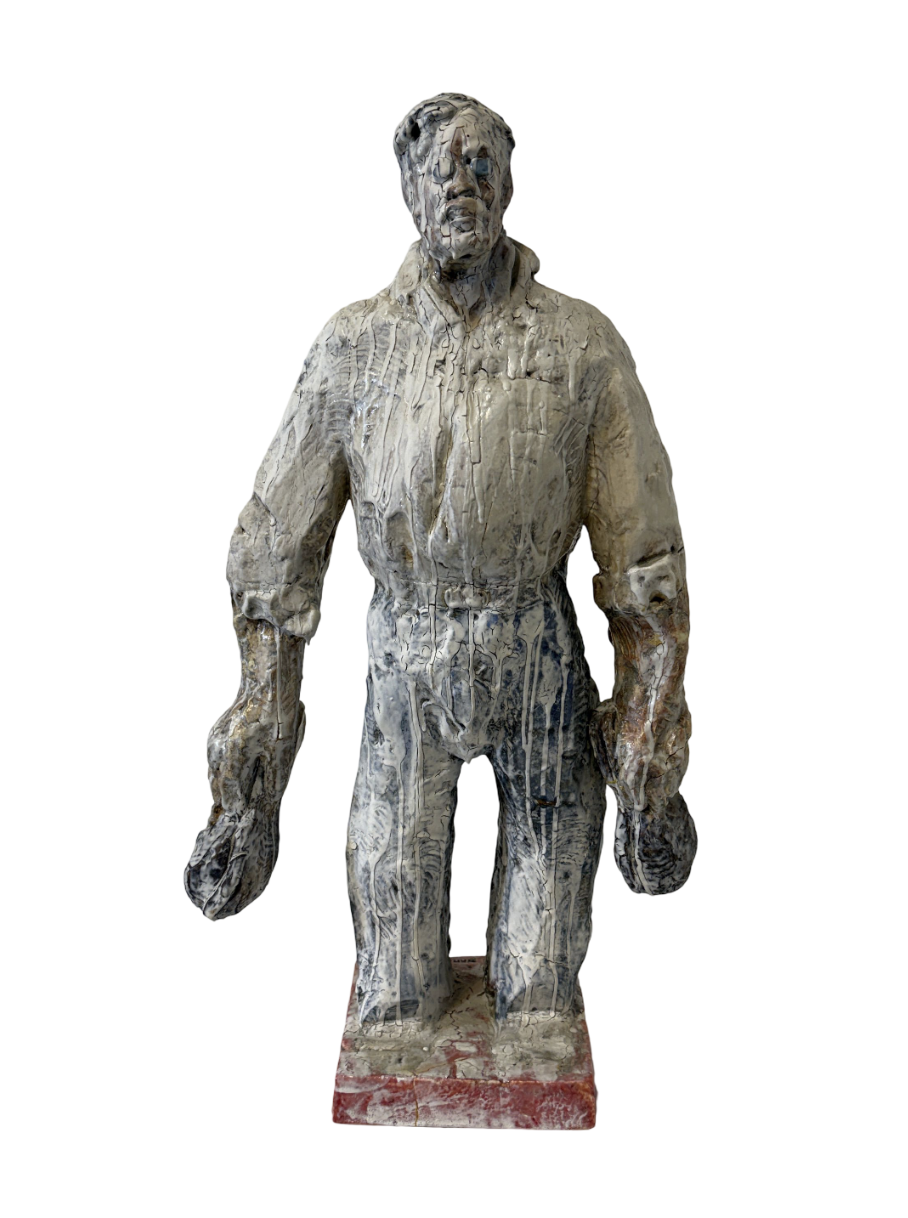 Wanxin Zhang, Man Holding Shoe, 2025, Ceramic with glazes, 24 x 13 x 8.5 in