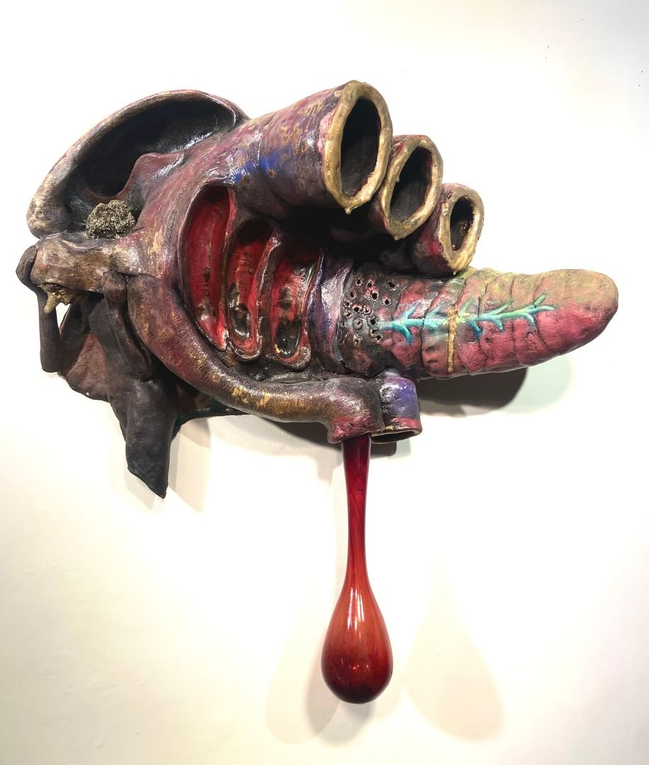 Arthur Gonzalez,
Study for My Turbo-Pancreus, 2023,
Ceramic, glaze, glass, gold leaf, 24 x 24 x 7 in