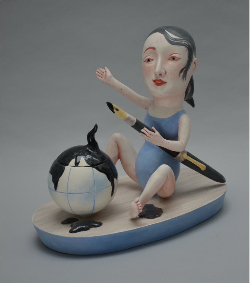Patti Warashina, Ink Slinger, 2024, earthenware, underglaze, glaze, 10 x 11.4 x 7.5 in