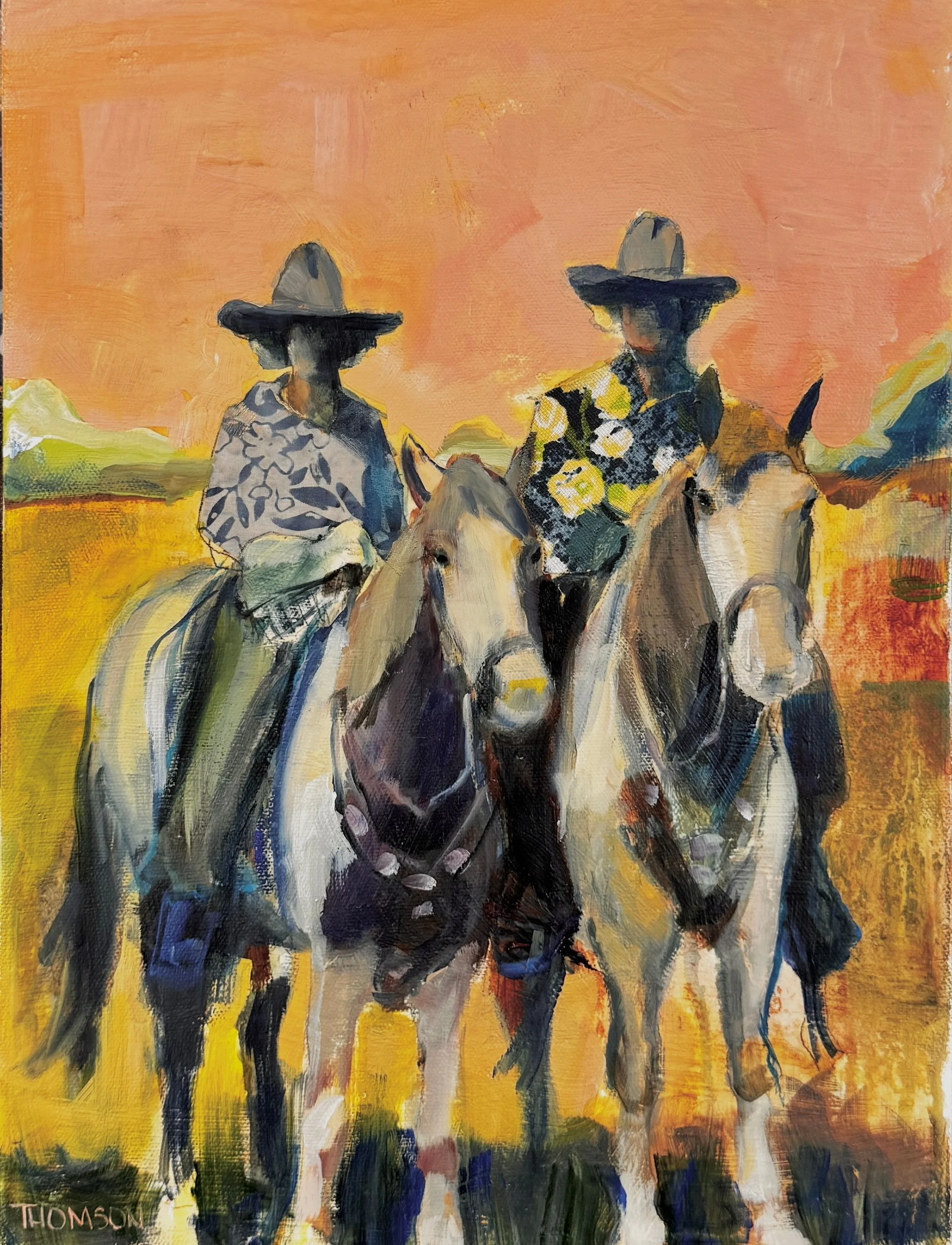 Kati Thomson, Morning Ride, 2024, Acrylic, fabric, and oil on canvas, 16 x 12 in