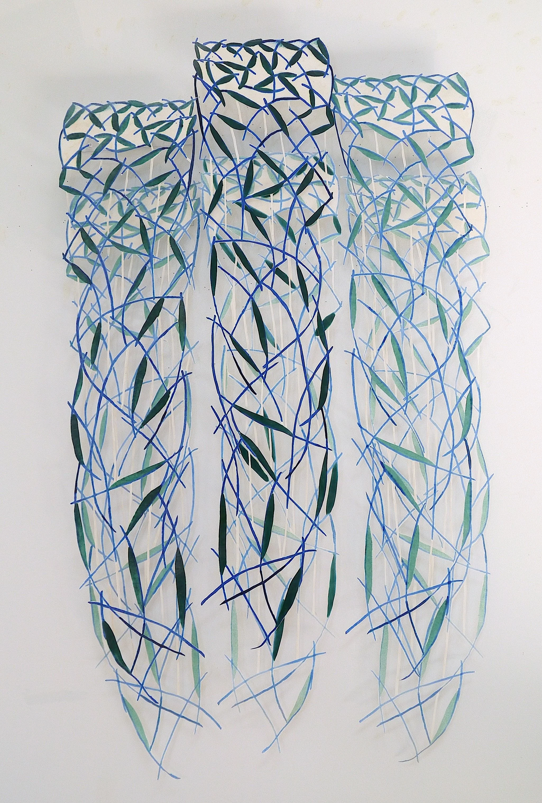 Curves & Leaves lll, polychromatic screen printed silk, stiffened and cut, 6 panels, 48 x 30 in