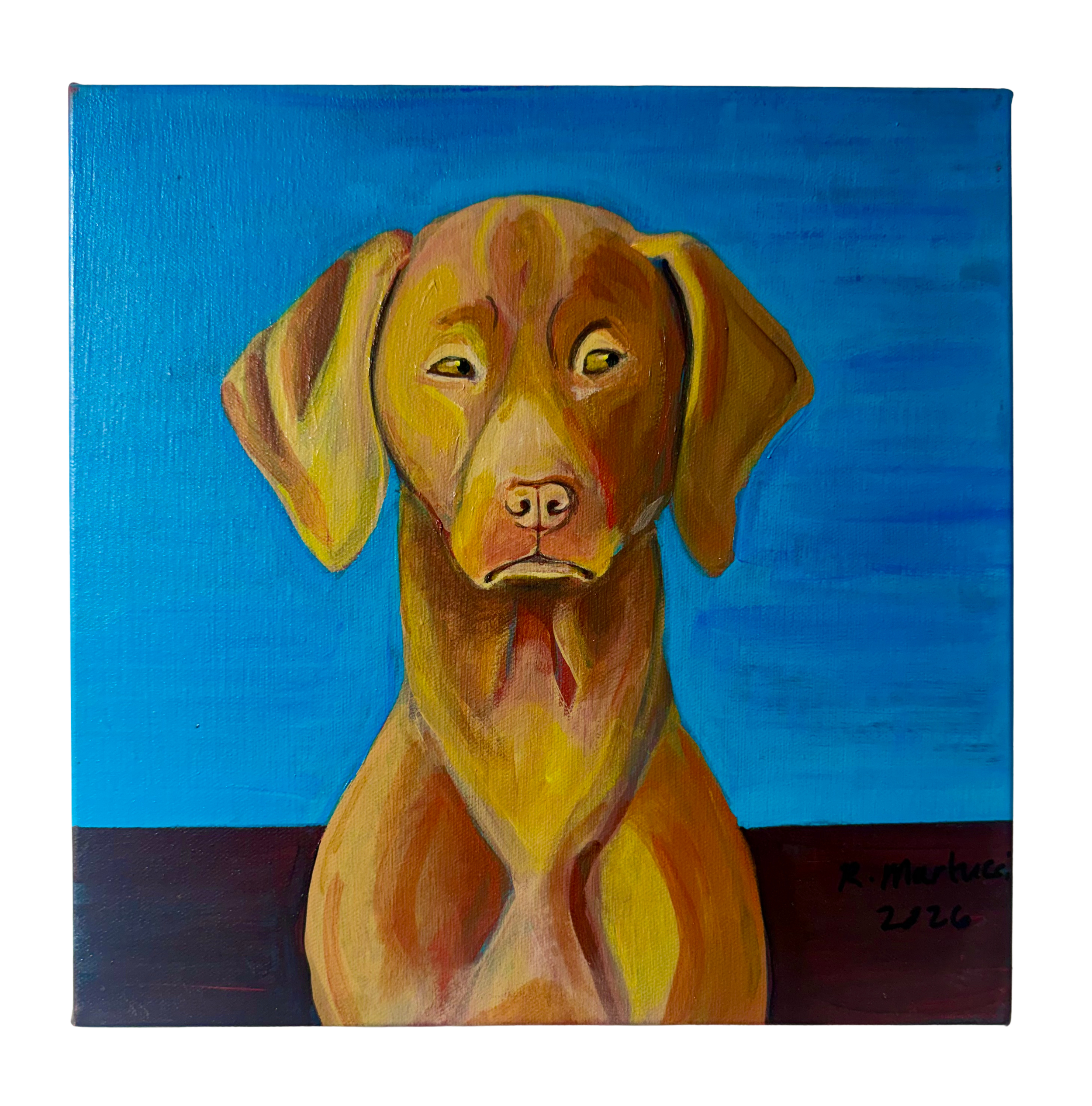 René Martucci, Suspicious Dog, 2026, acrylic on canvas, 12 x 12 in