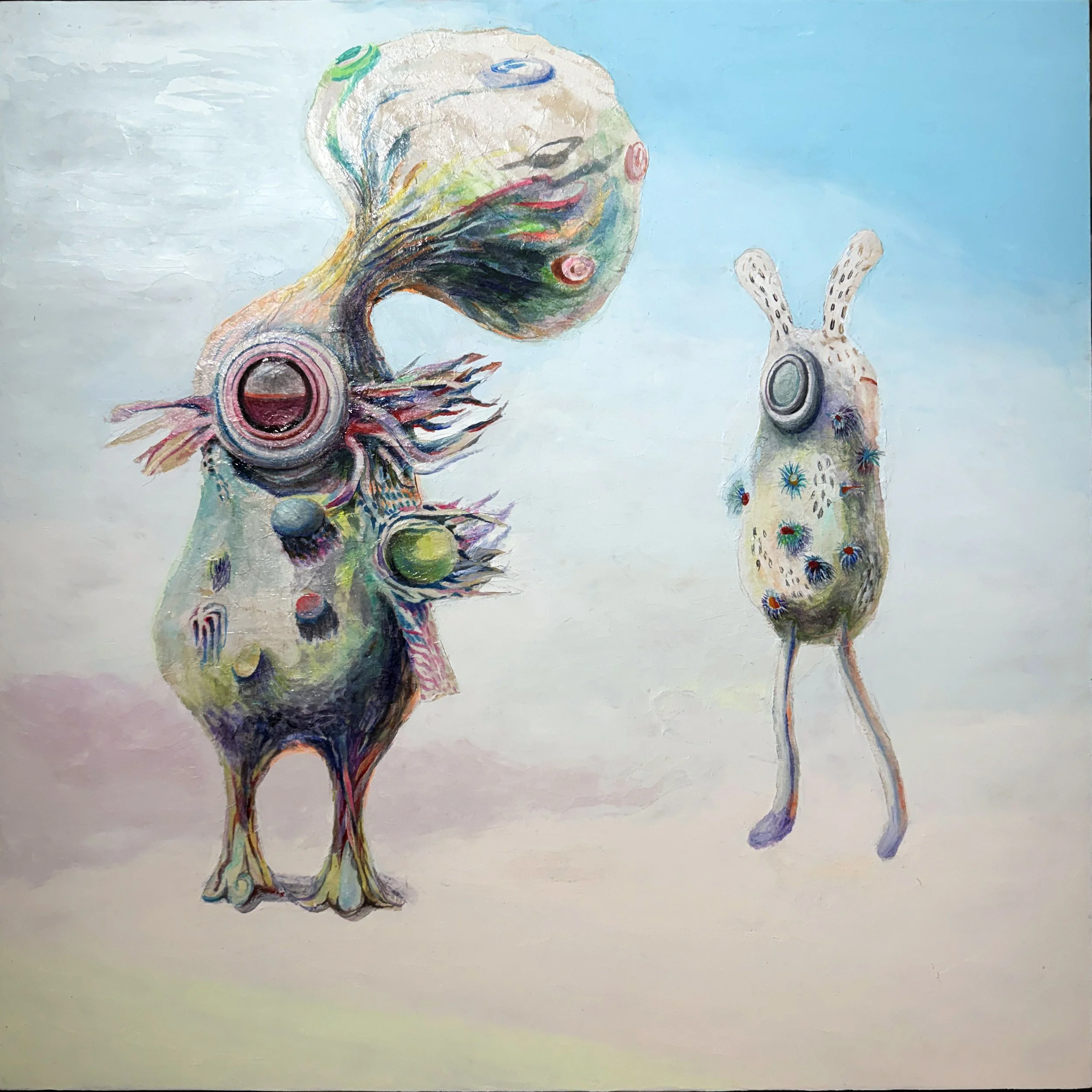 Seongmin Yoo, Orb Bearer, 2026, Oil, ink, and rice paper on panel, 24 x 24 in