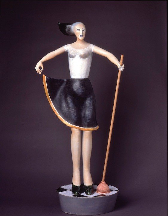 Patti Warashina, Servicing Duchamp's Porcelain, 1993, Low-fire clay, underglaze, glaze, mixed media, 45 x 21 x 13 in