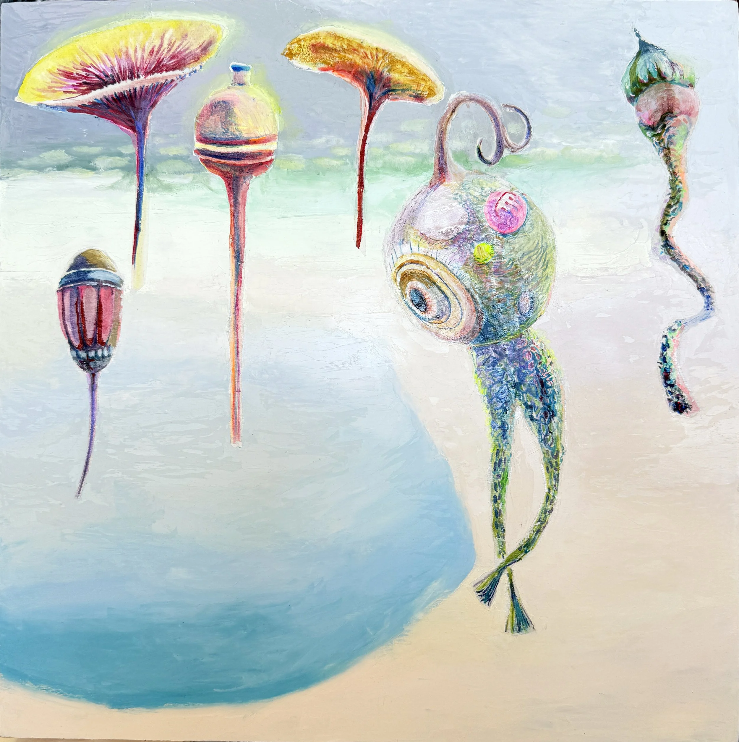 Seongmin Yoo, Self in Bloom, 2026, Oil, ink, ricepaper on panel, 14 x 14 in
