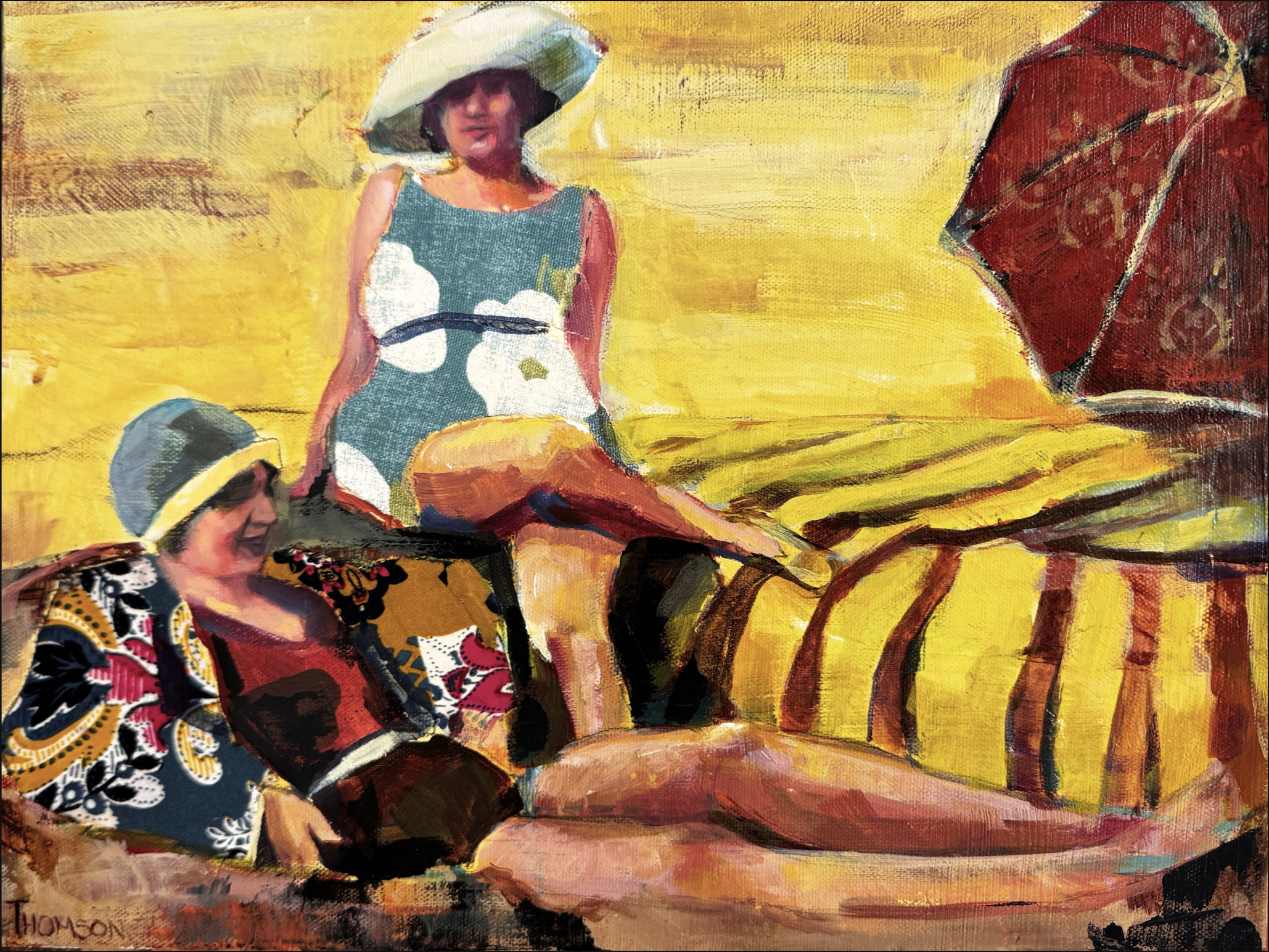 Kati Thomson, Beach Day, 2024, Acrylic, fabric, and oil on canvas, 12 x 16 in