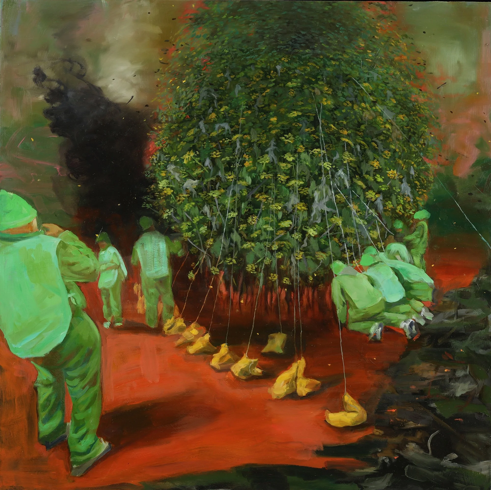 Deirdre White, Mercy Weaves Her Nest, 2023, oil on panel, 30 x 30 in