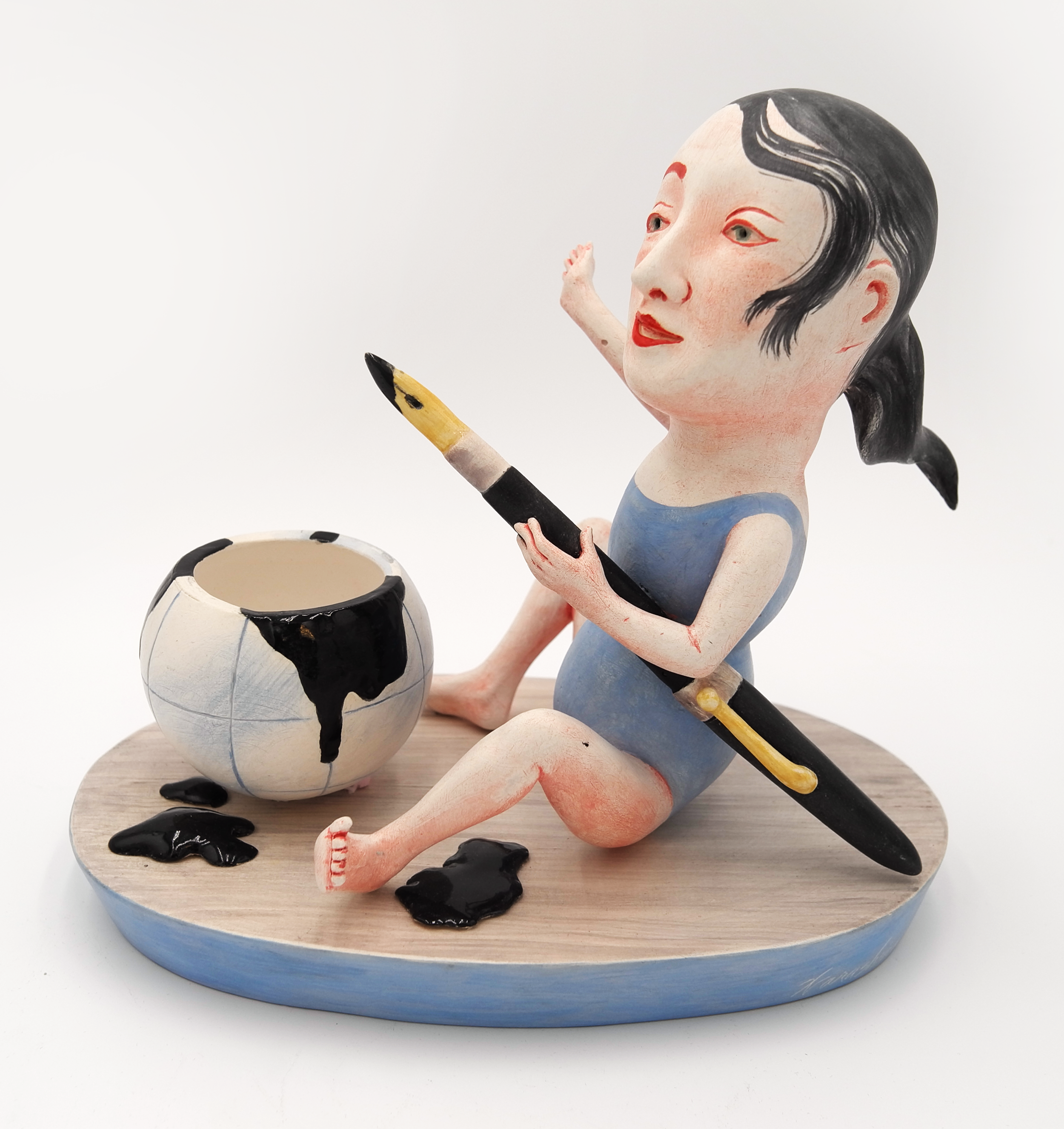 Patti Warashina, Ink Slinger, 2024, earthenware, underglaze, glaze, 10 x 11.4 x 7.5 in