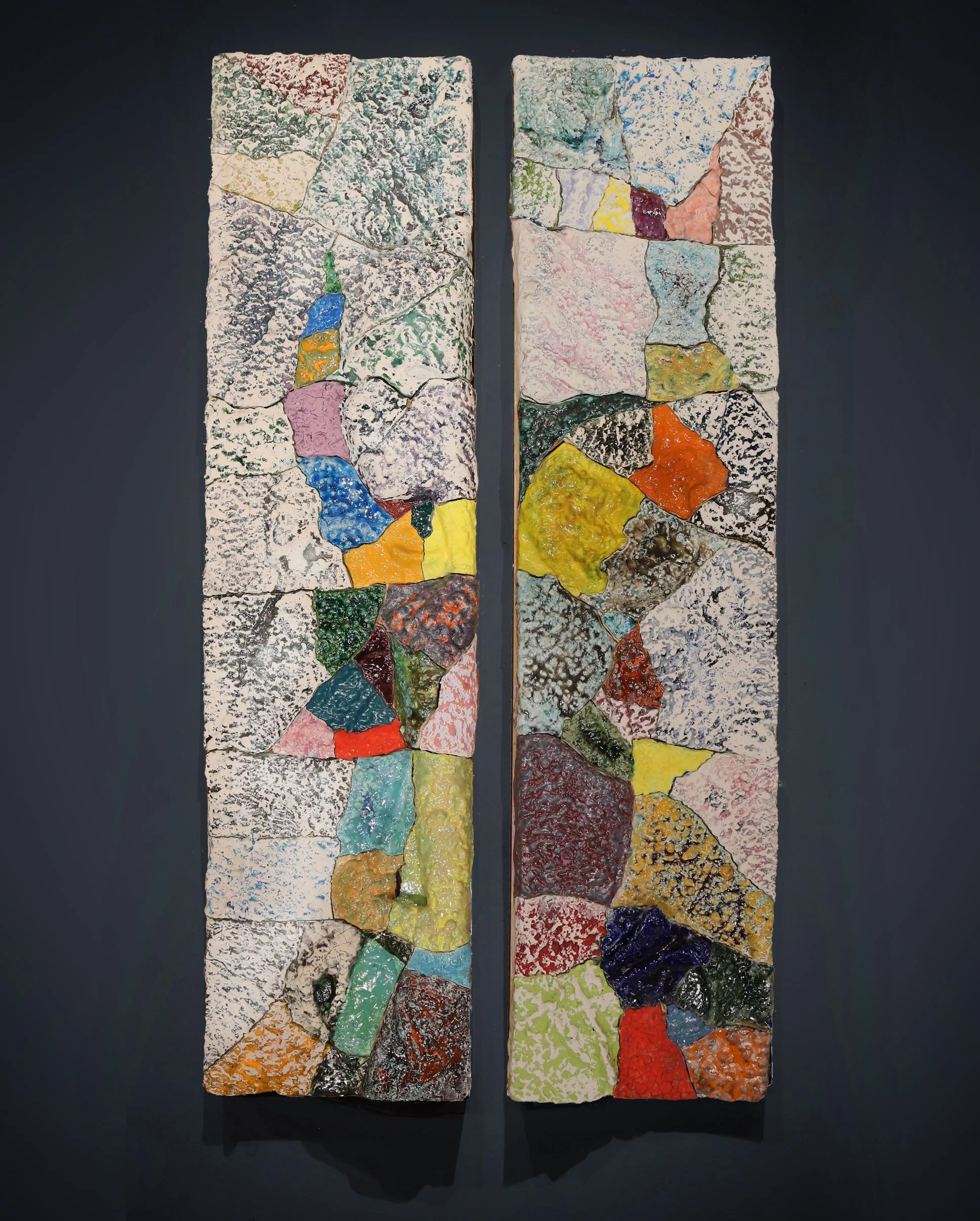 Joseph Kowalczyk, Pillars, 2026, Glazed stoneware and wood, 48 x 12 x 2 in