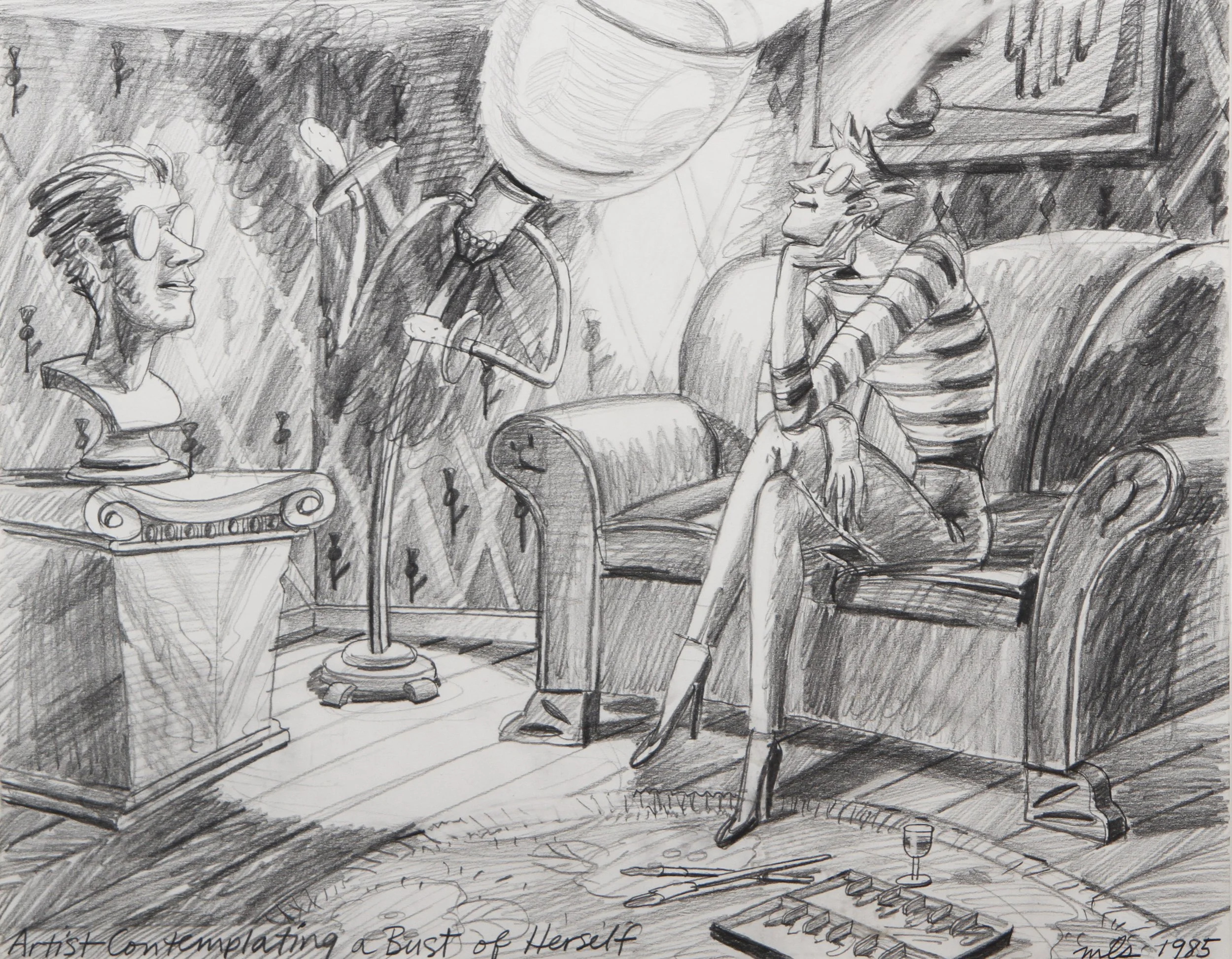 M. Louise Stanley, Artist Contemplating a Bust of Herself, 1985, pencil on paper, 11 x 14 in