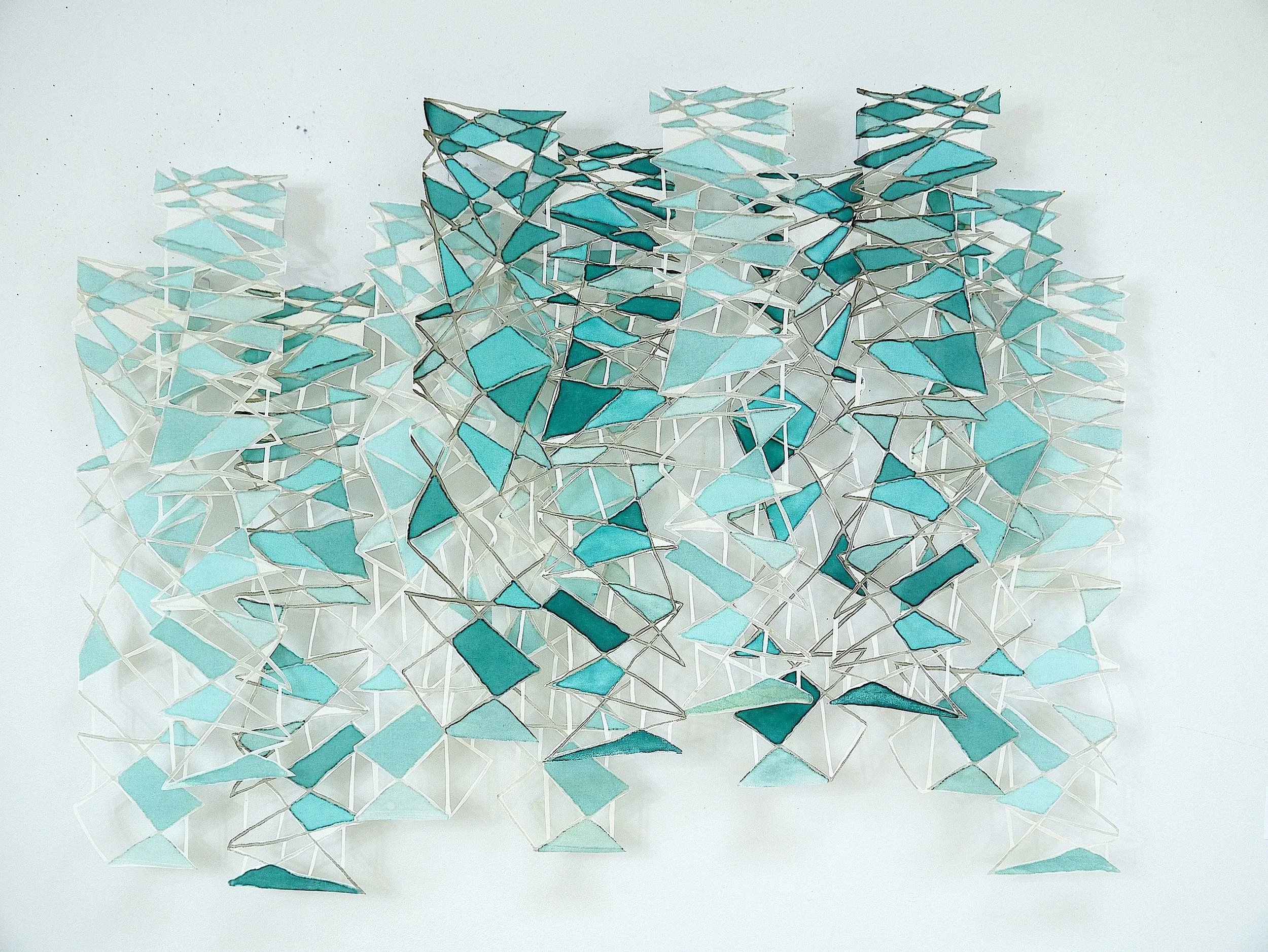 Abstract Zig Zag lV, polychromatic screen printed silk, stiffened and cut, 12 panels, 28 x 37 in