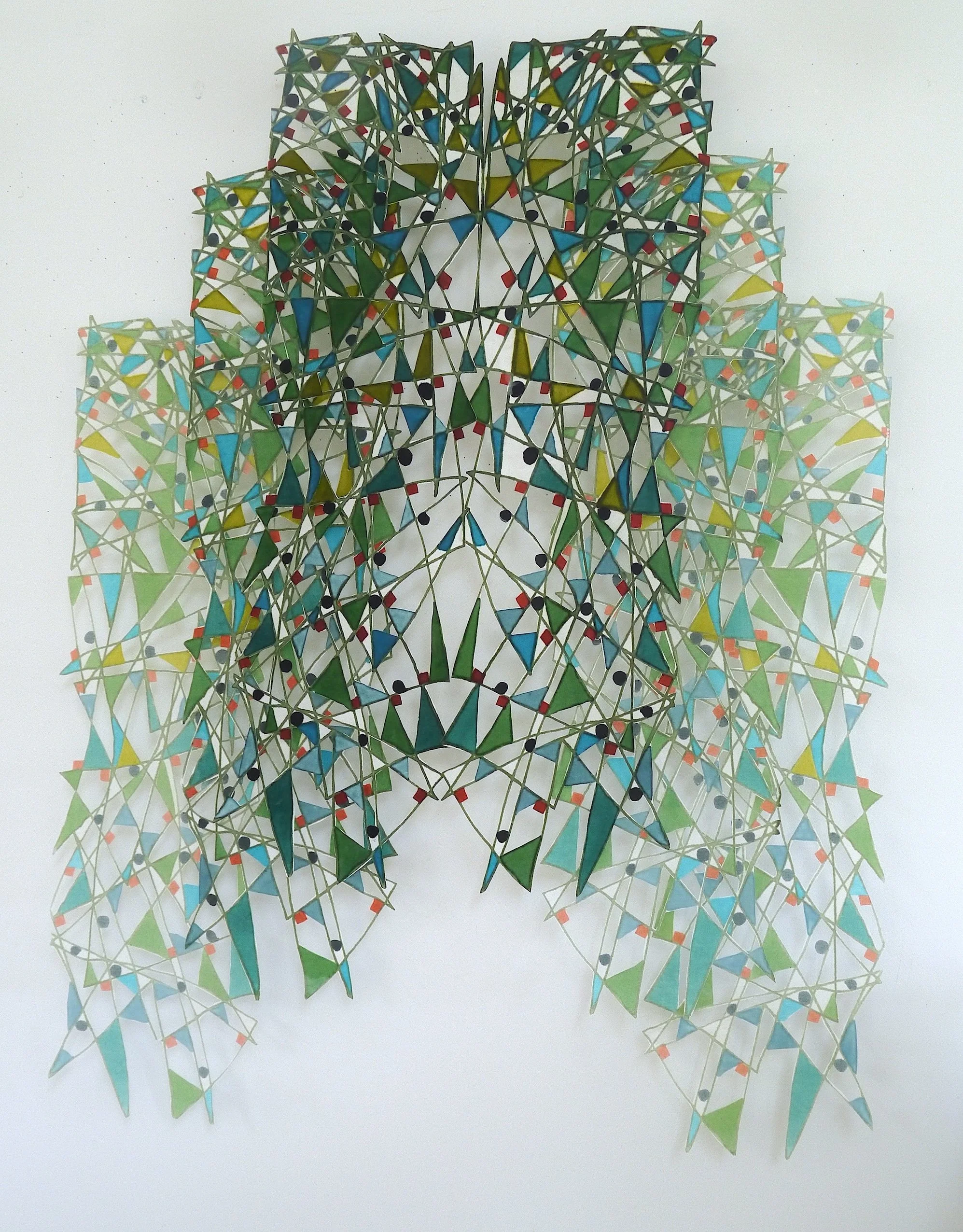 Triangles Squares Circles l, polychromatic screen printed silk, stiffened and cut, 6 panels, 45 x 36 in