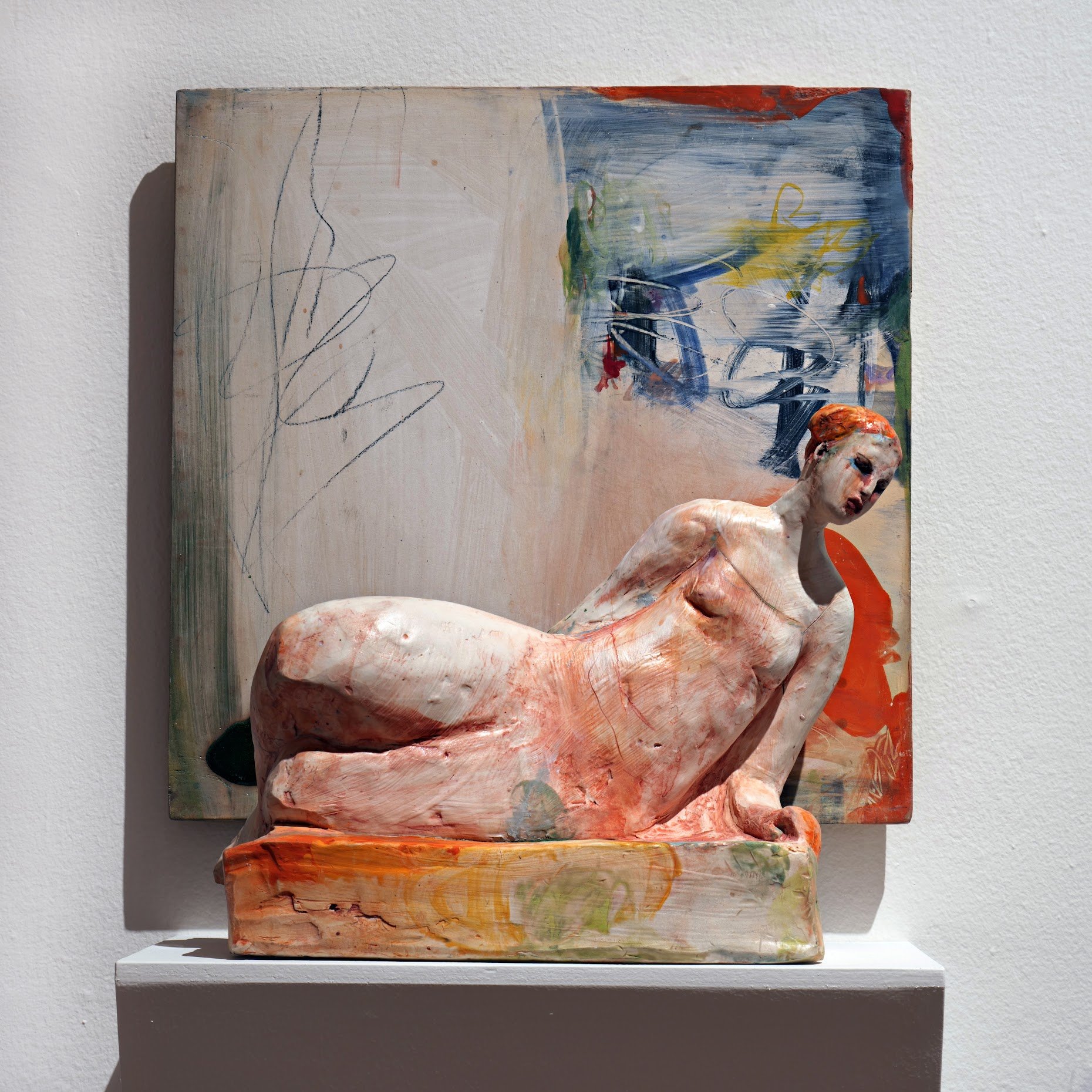 Michelle Gregor, Summer Odalisque Figure in Ground, 2024, Porcelain and kiln shelf, 20 x 20 x 20 in
