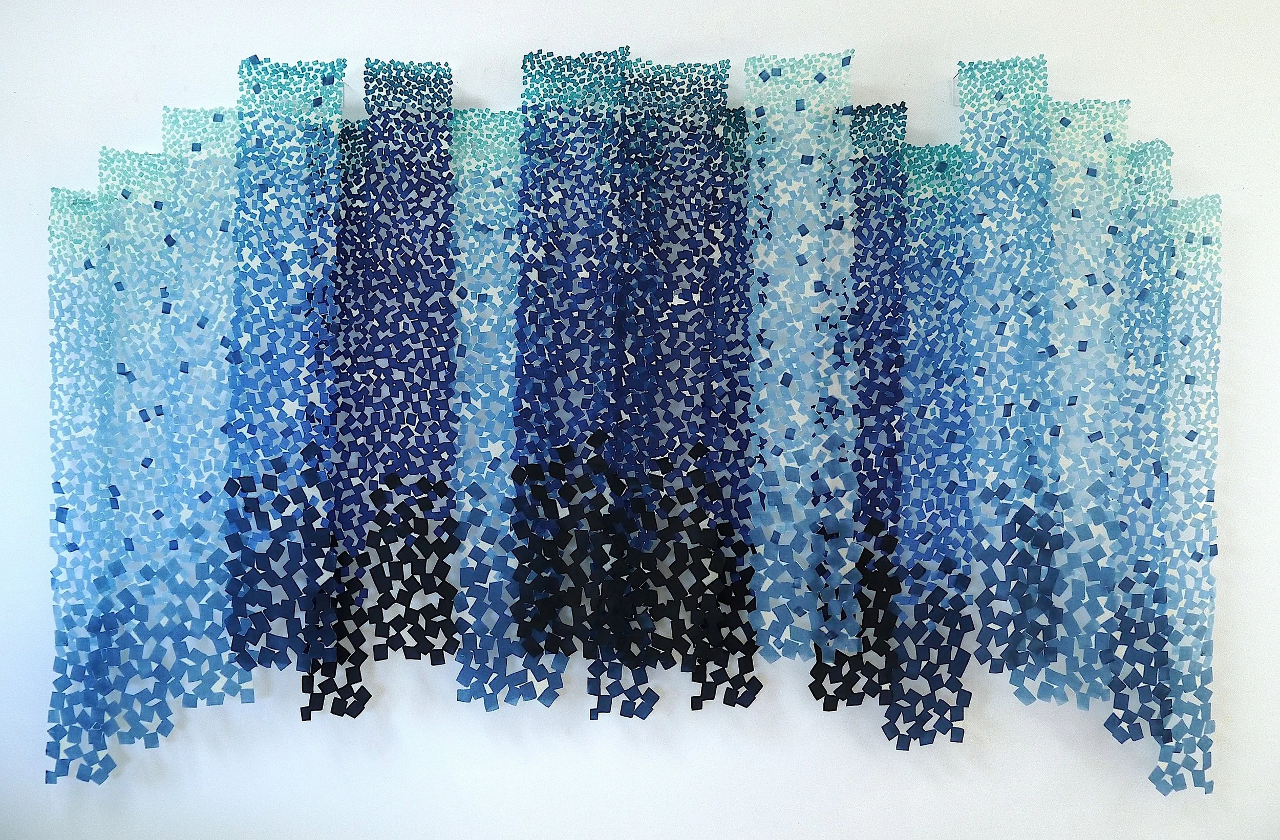 Squares on Squares ll, polychromatic screen printed silk, stiffened and cut, 18 panels, 46 x 86 in