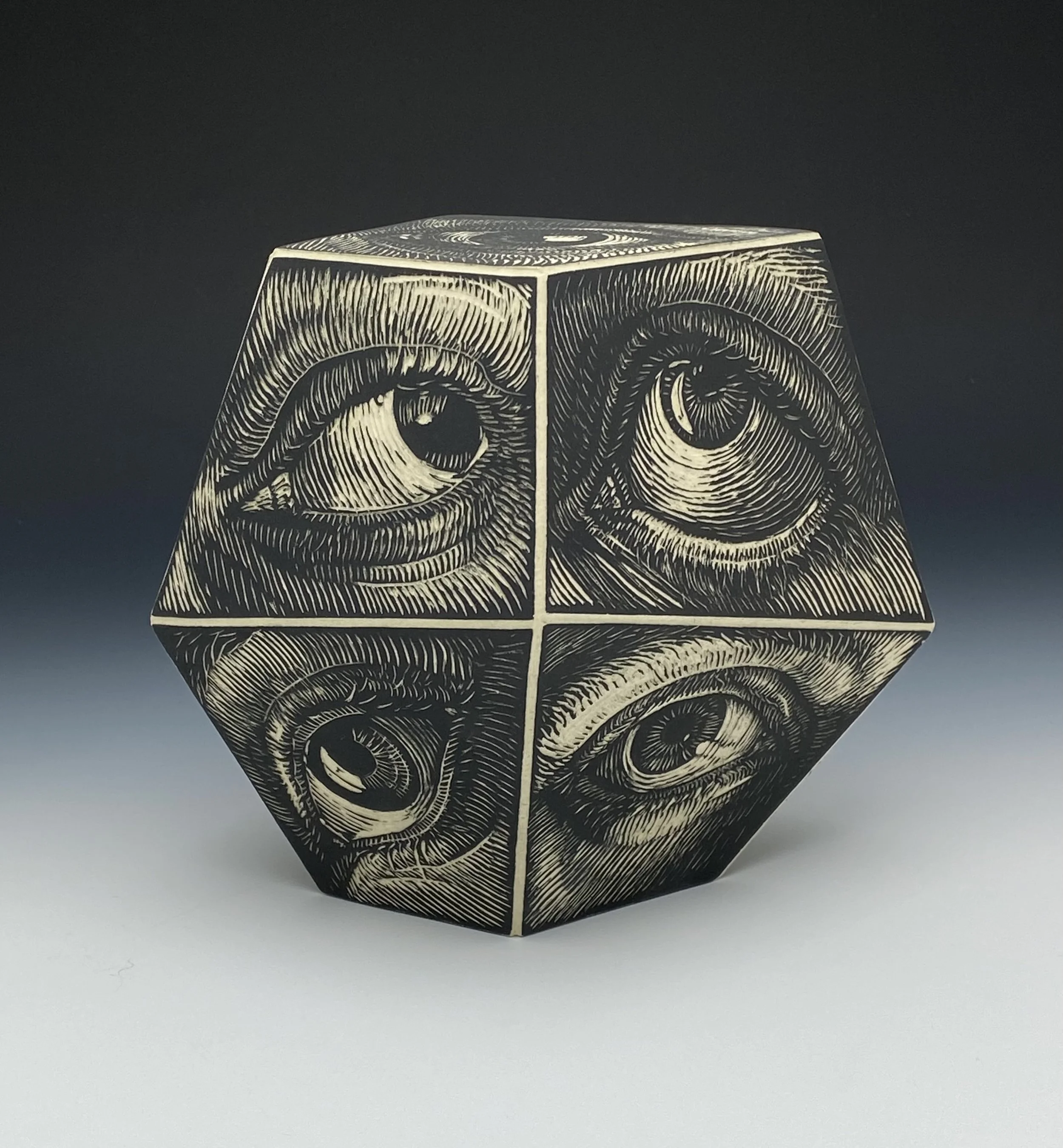 Chris Theiss, Googly Woogly, 2026
Porcelain, underglaze, sgraffito, 6 x 7 x 5.5 in