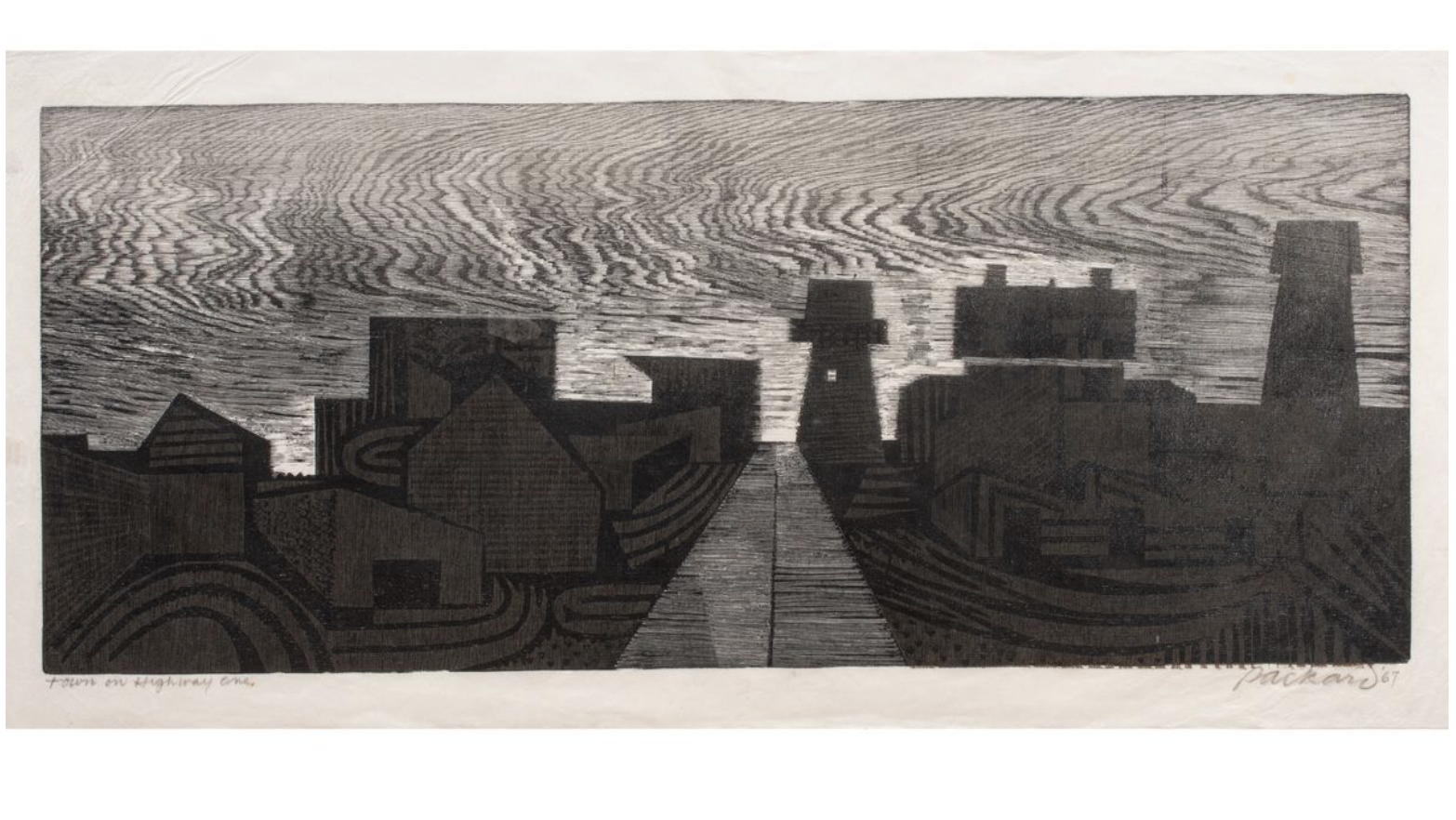 Emmy Lou Packard, Town on Highway One, 1967, Woodblock, 13.75 x 33 in
