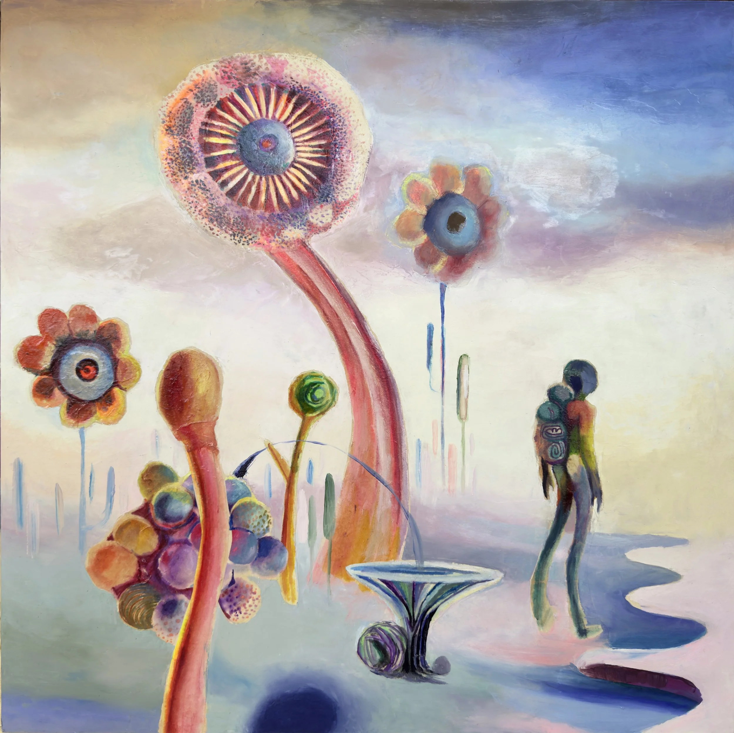 Seongmin Yoo, If Gravity Forgets What to Hold, 2025, Oil, ink and ricepaper on panel, 18 x 18 in