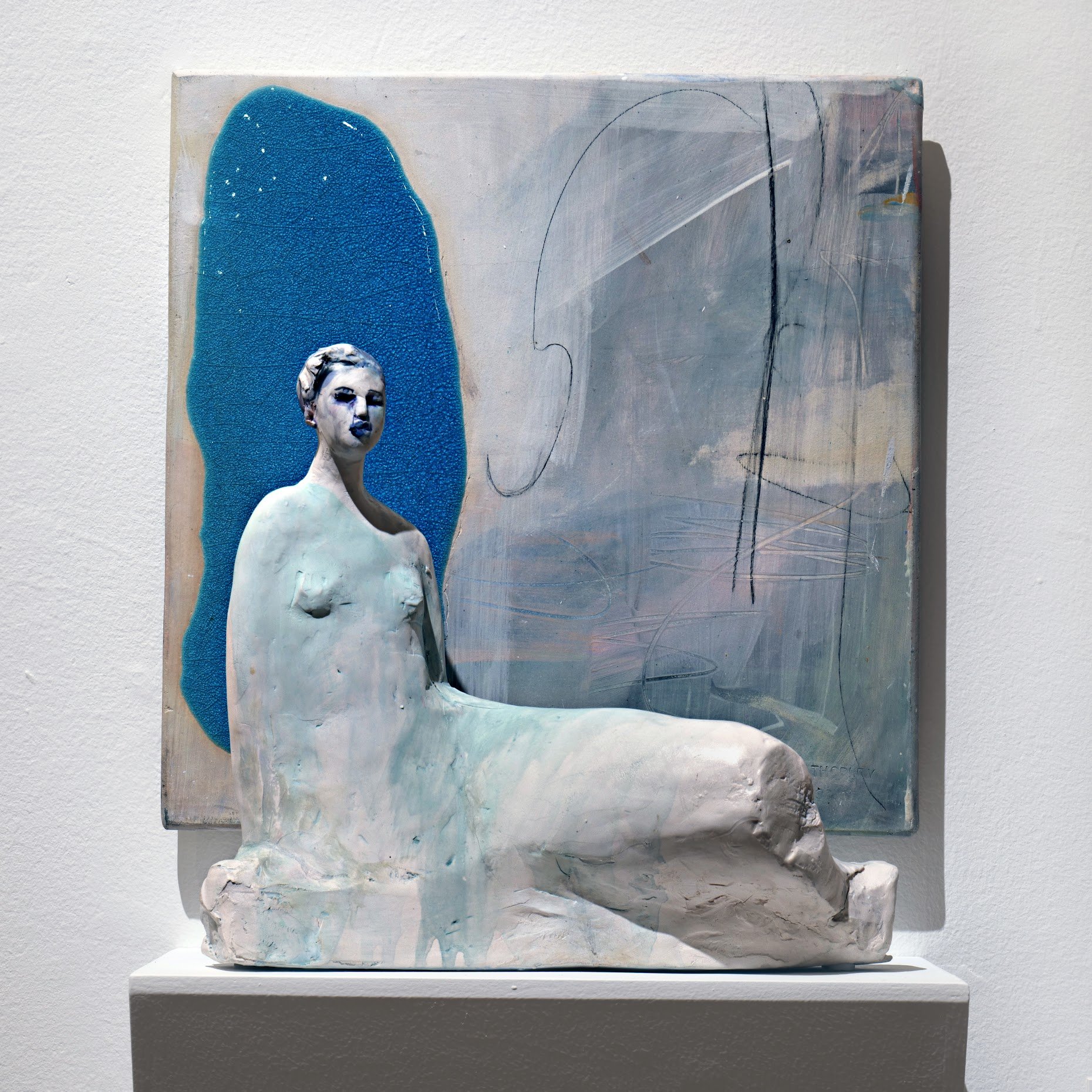 Michelle Gregor, Blue Odalisque Figure & Ground, 2024, Porcelain and kiln shelf, 20 x 20 x 20 in