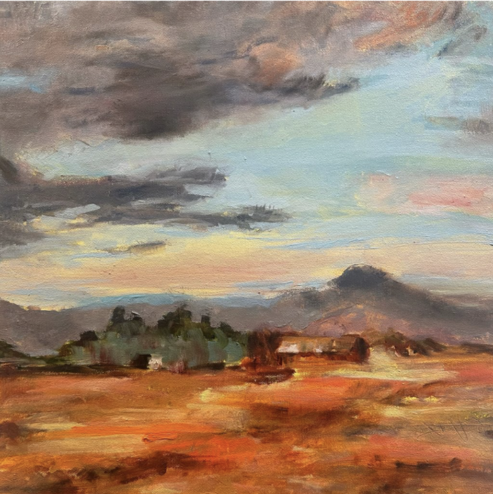 Magdalena Rozs-Johansson, Farm in the Storm, 2026, Oil on canvas, 16 x 16 in