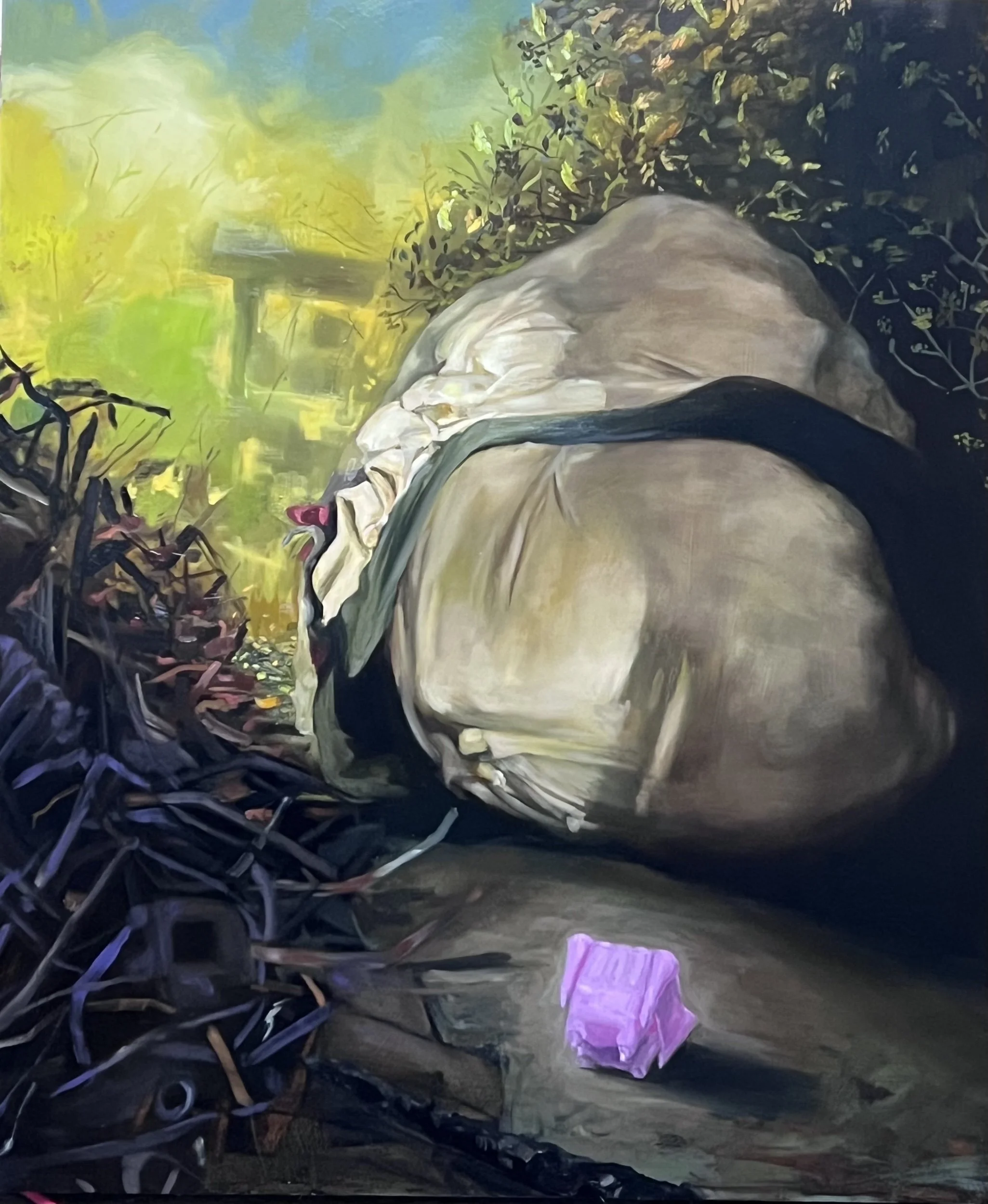 Deirdre White, A Man Mad With Grief and On Each Side A Thief, 2023, oil on panel, 40 x 30 in