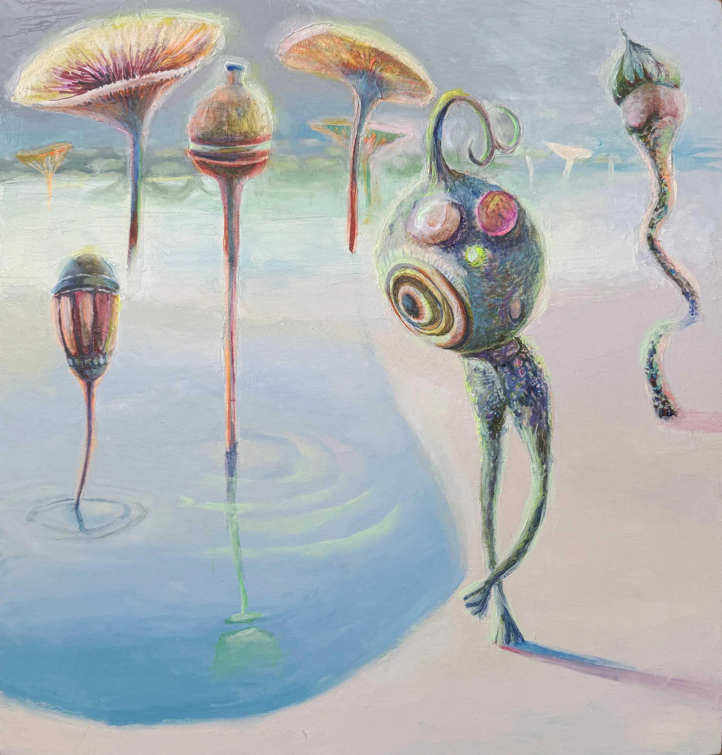 Seongmin Yoo, The Beating Pond, 2026, Oil, ink, and rice paper on panel, 14 x 14 in
