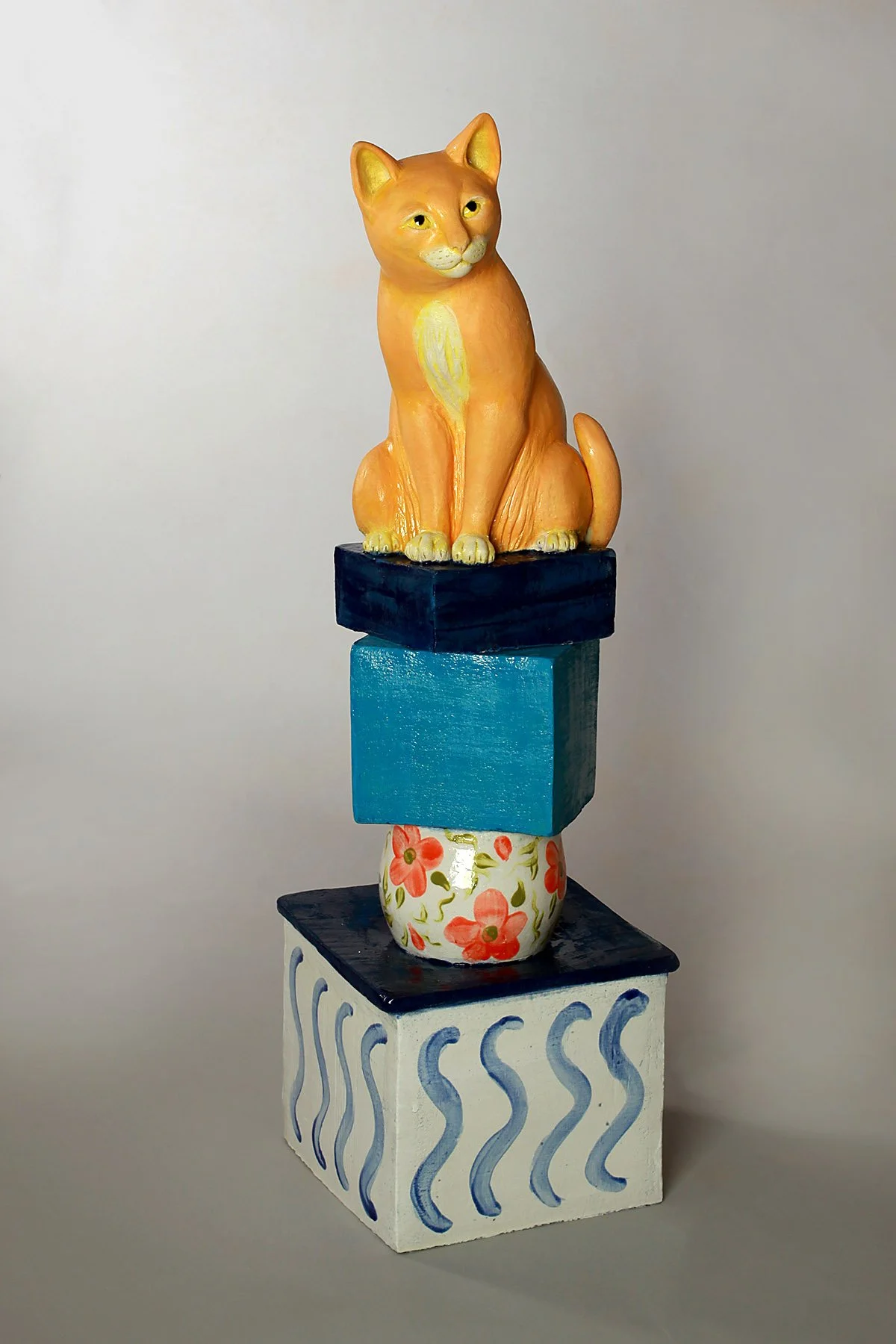 Rene Martucci, Cat on Three Boxes and a Vase, 2026, Ceramic, 31.5 x 9.5 x 9.5 in