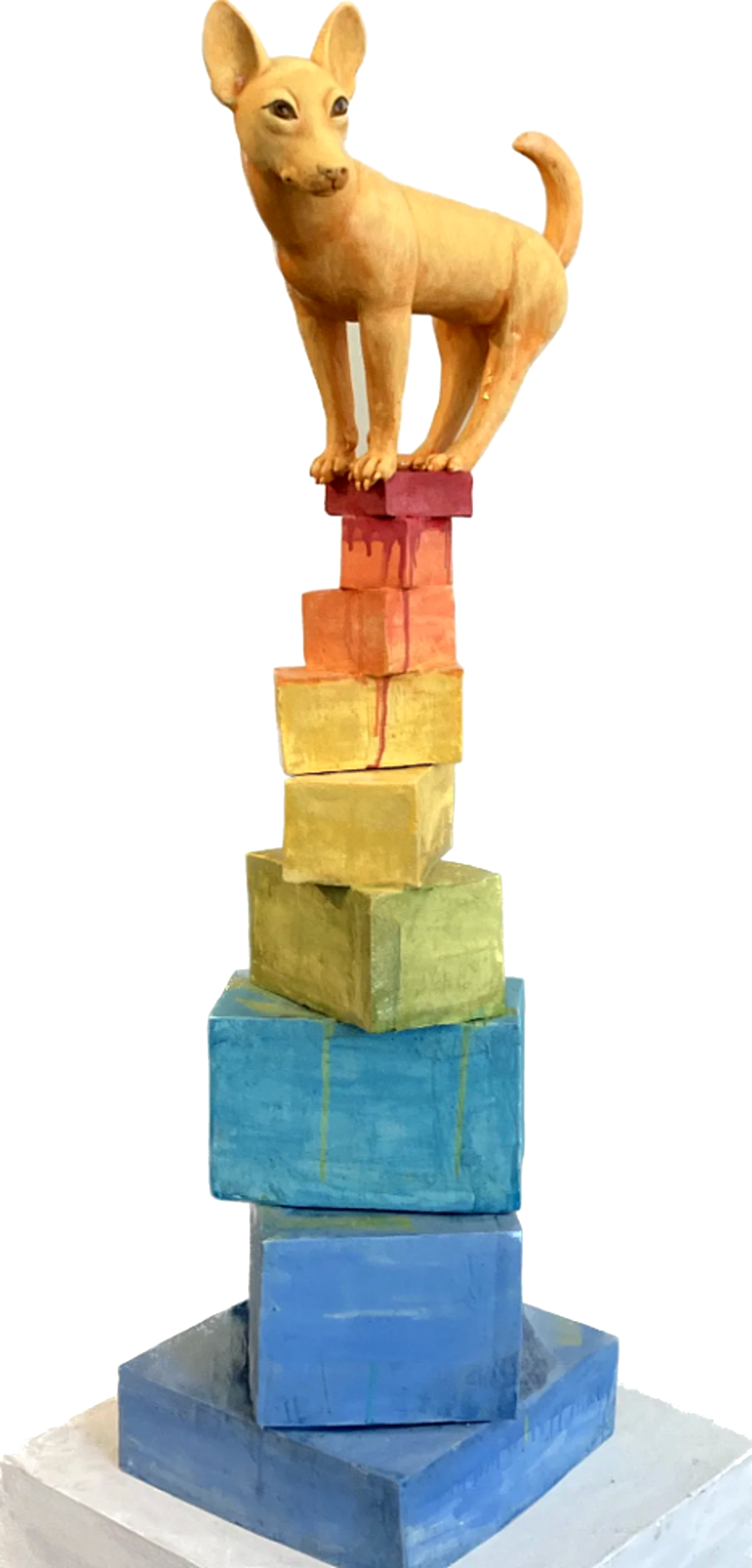 René Martucci, Dog on Colorful Stack, 2024, ceramic, 55 x 22 x 22 in